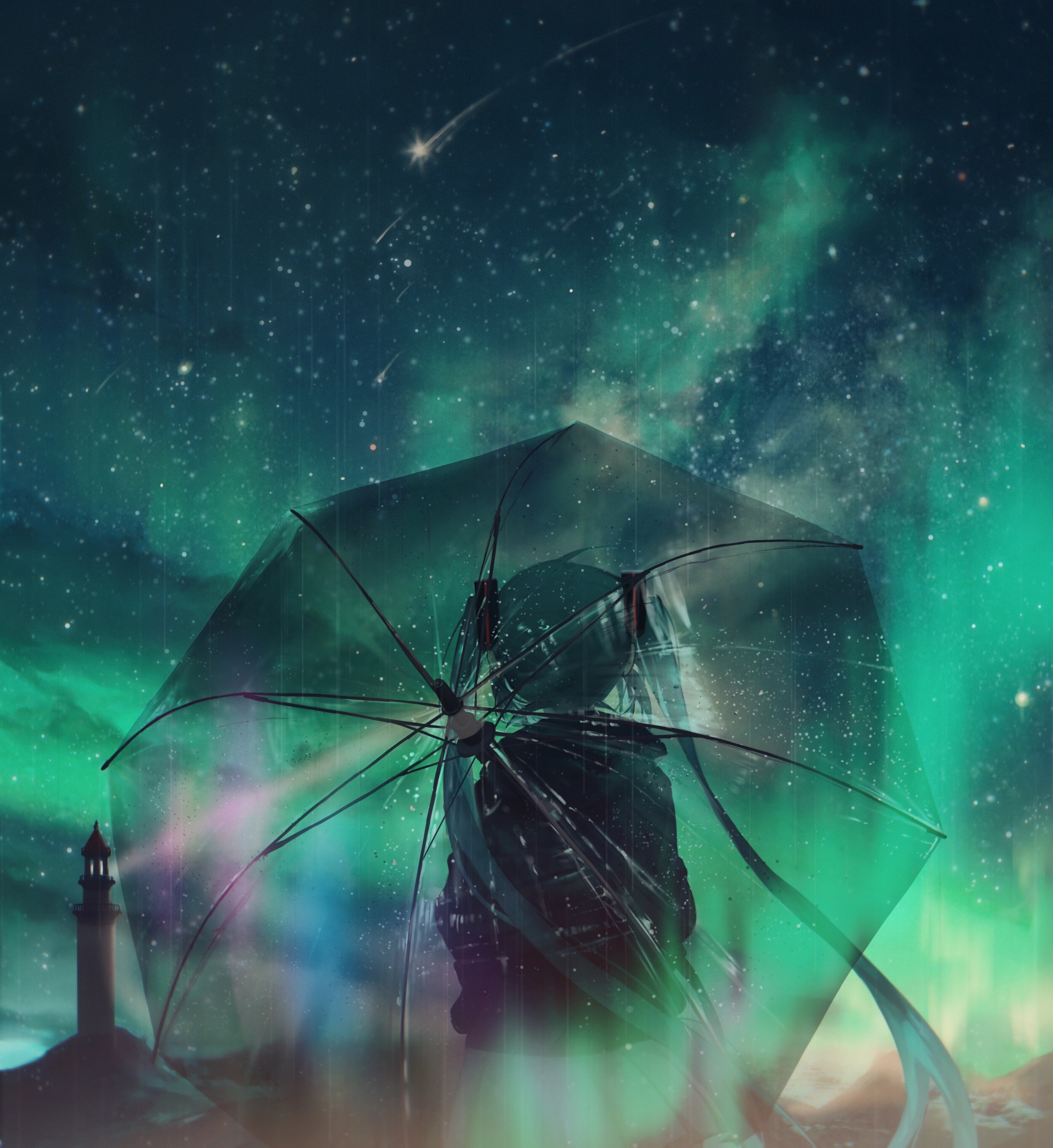 Hatsune Miku under a clear umbrella in a starry sky HD Wallpaper