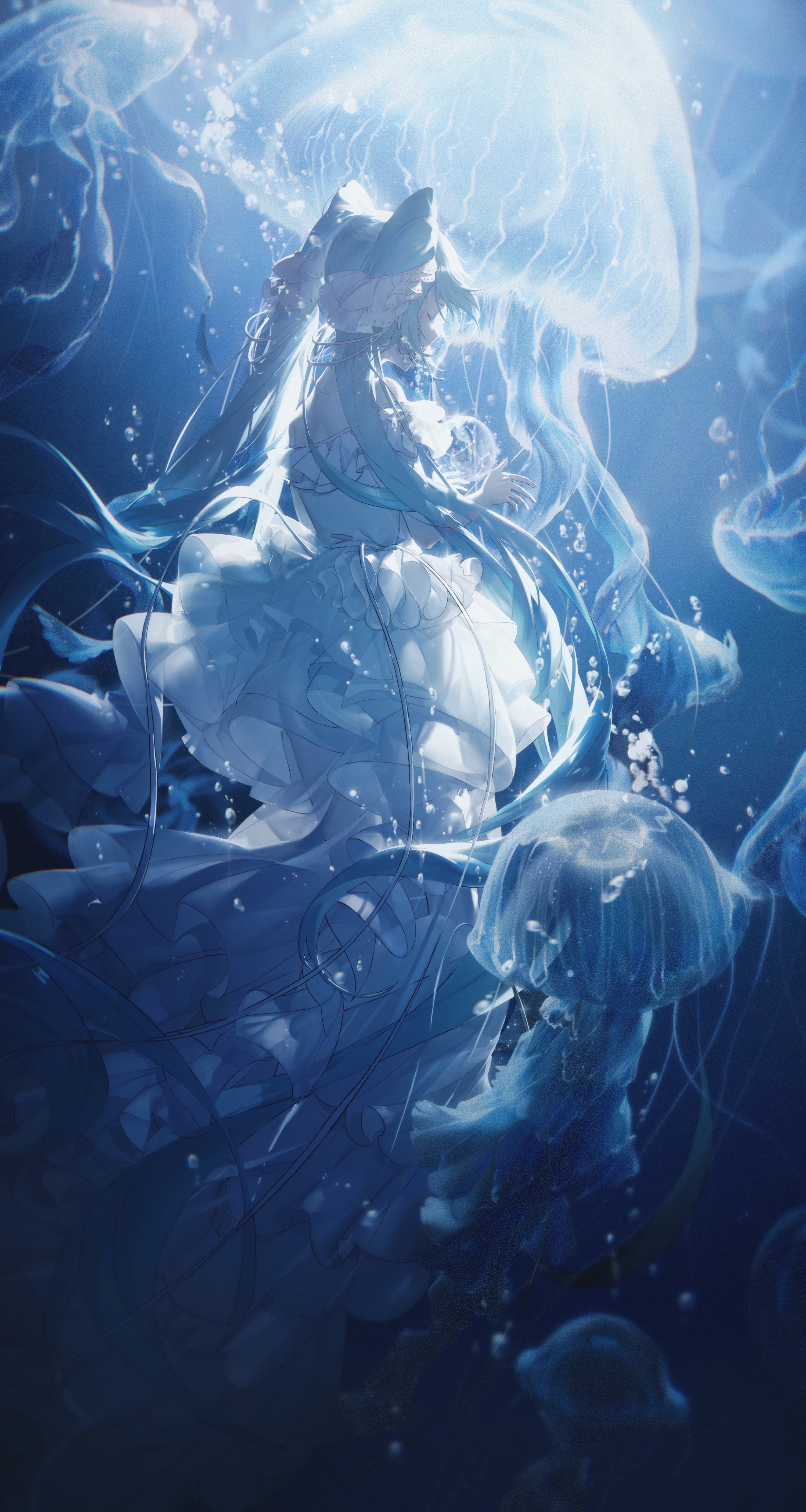 Hatsune Miku underwater with jellyfish HD Phone Wallpaper