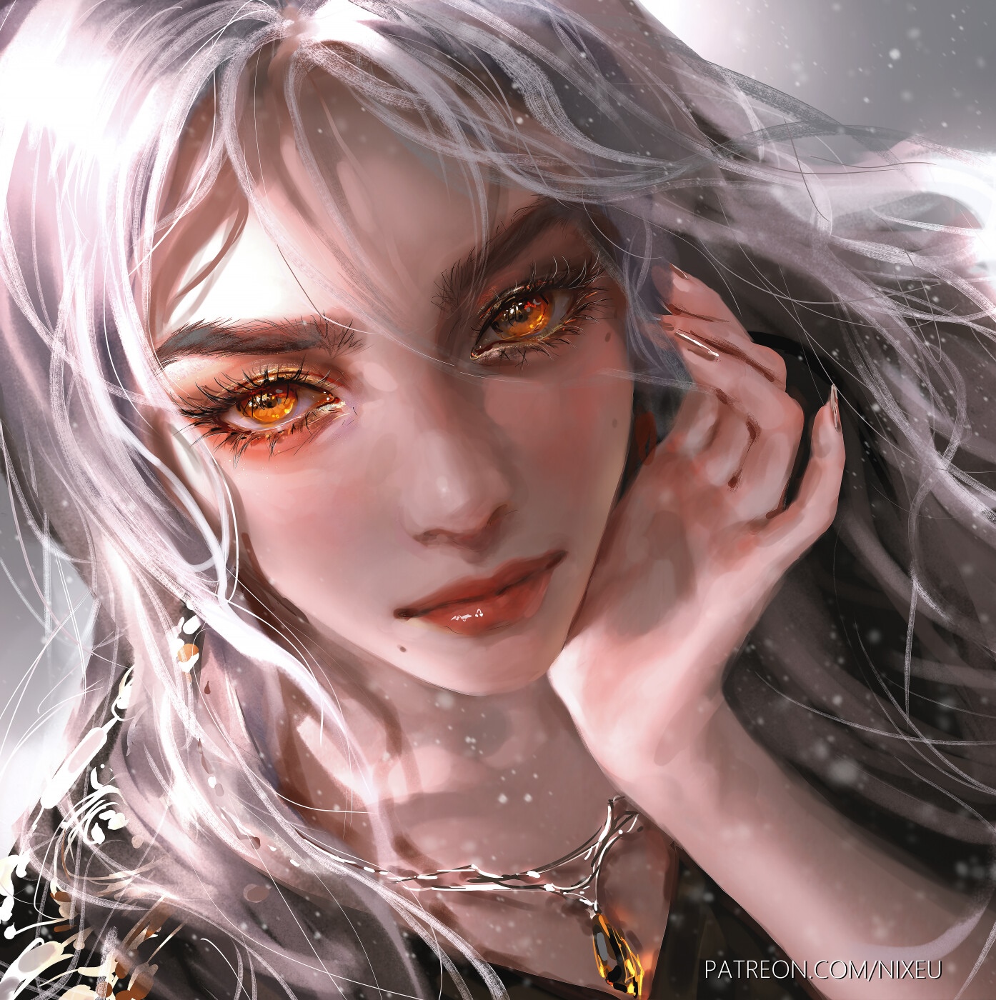 Woman with silver hair and orange eyes by Nixeu HD Wallpaper
