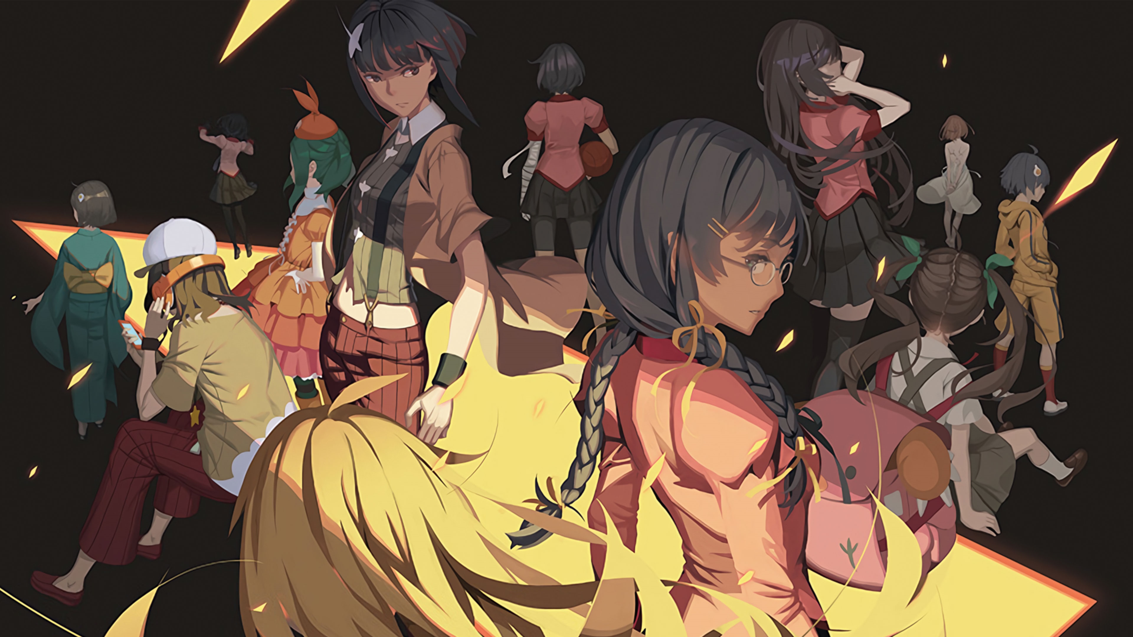Monogatari Series characters in a dark setting with yellow accents HD Wallpaper