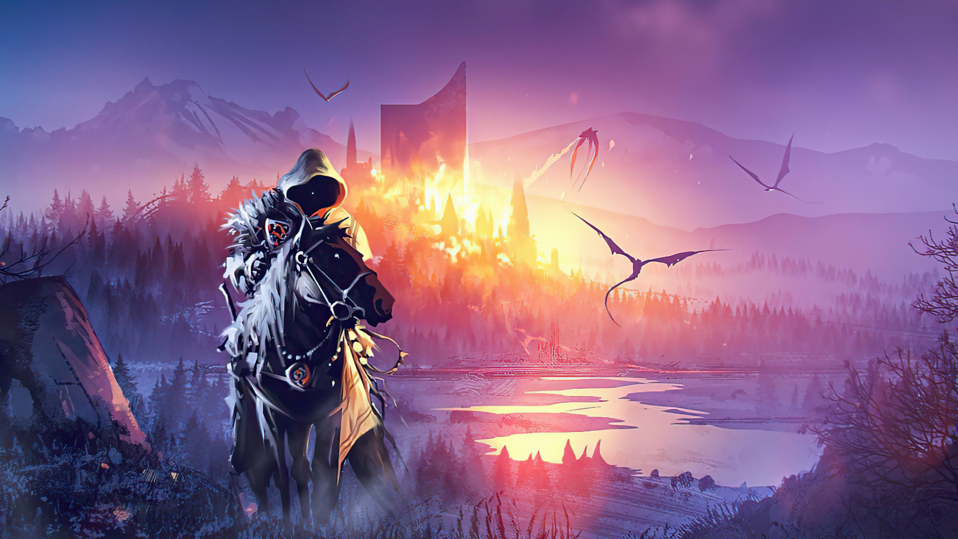 4K Warrior on Horseback with Dragons and Burning City HD Wallpaper
