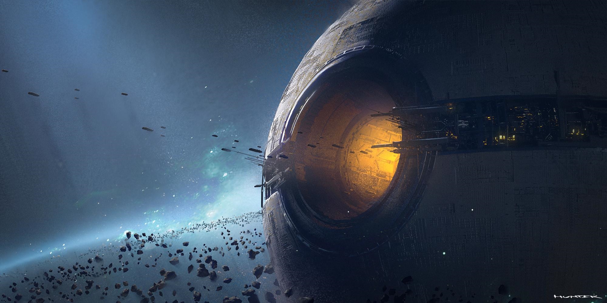 Science fiction artwork of a large spaceship in space HD Wallpaper