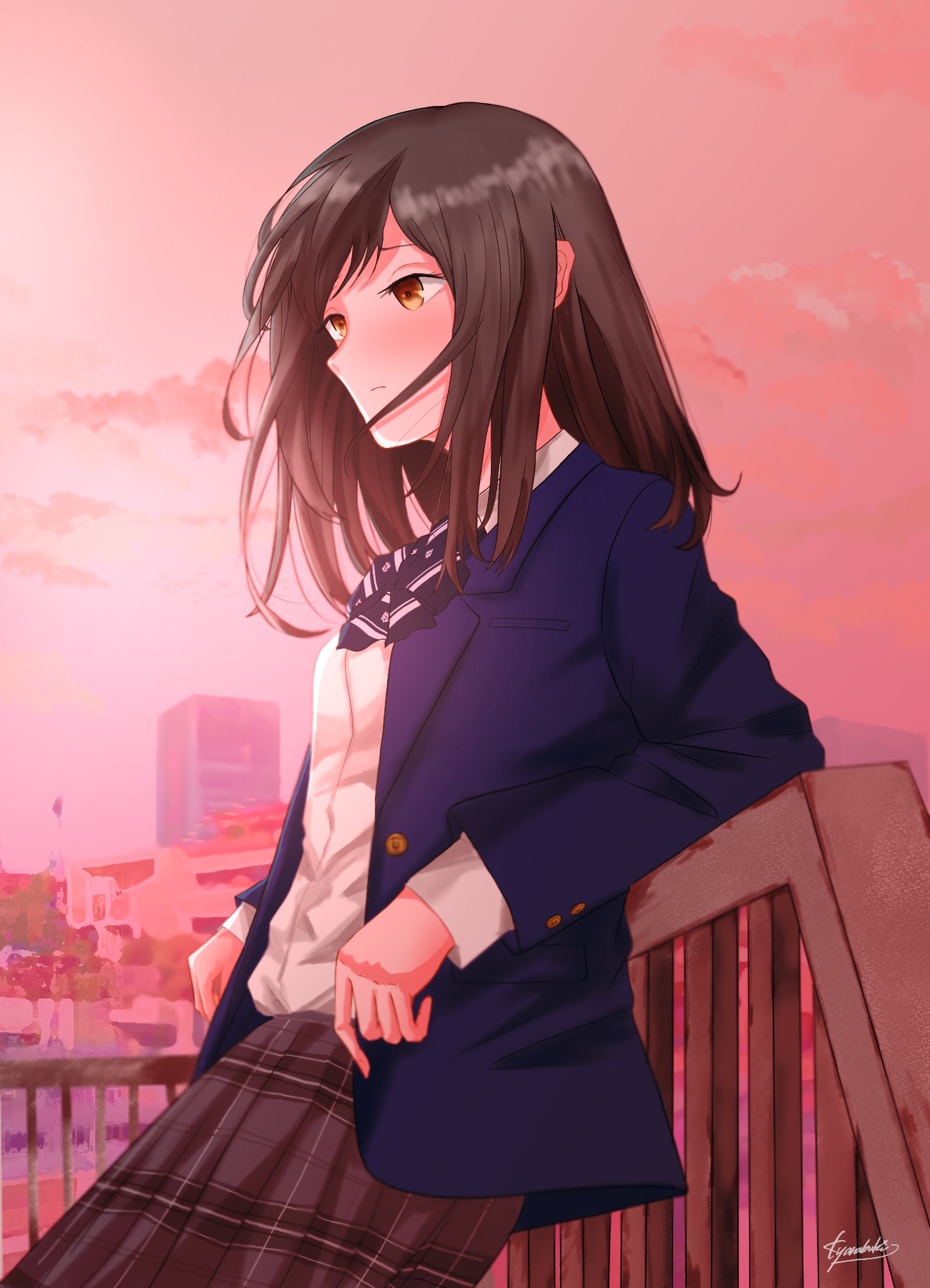 Girl in school uniform looking out at sunset HD Phone Wallpaper
