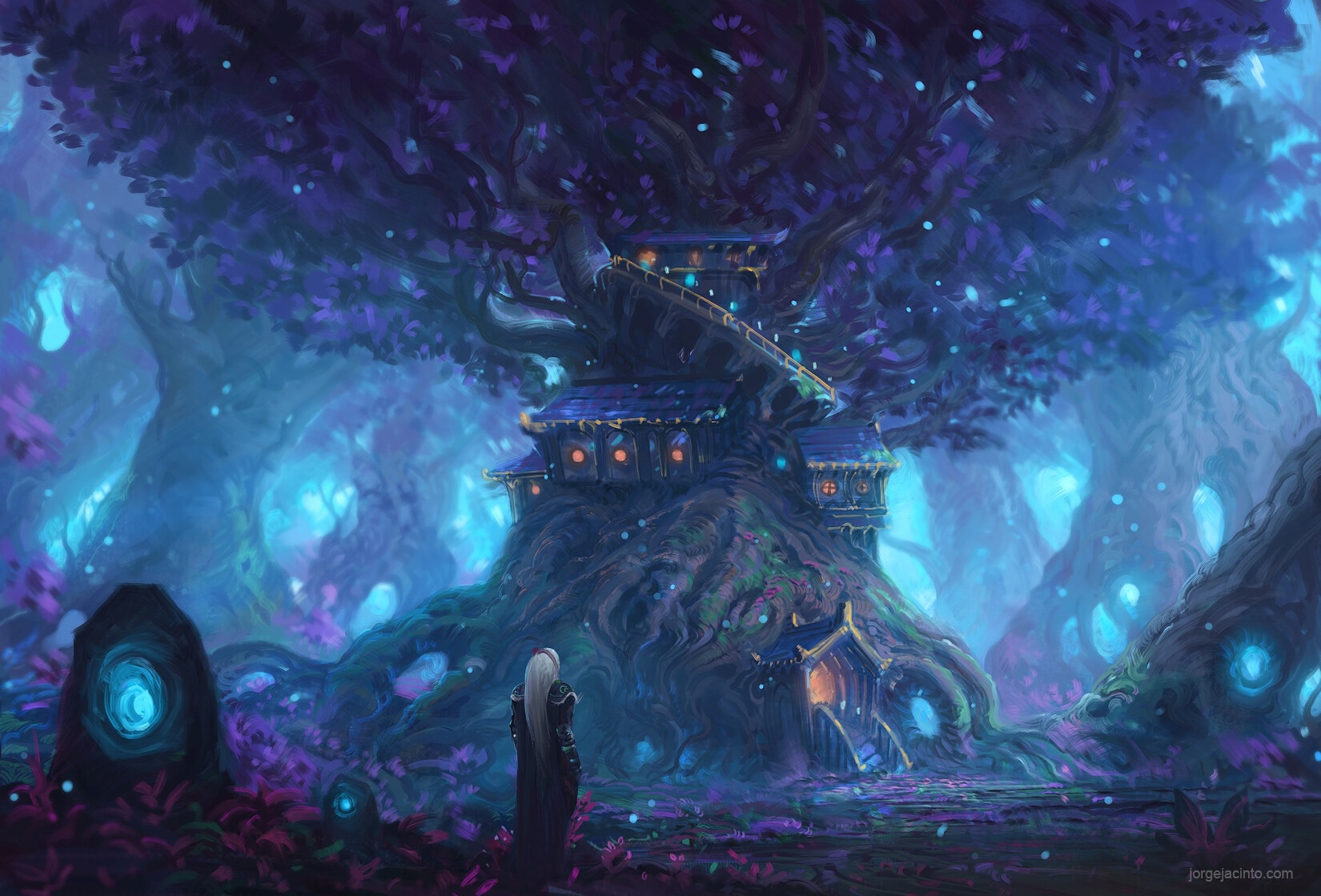 Fantasy forest with a large treehouse and glowing orbs HD Wallpaper