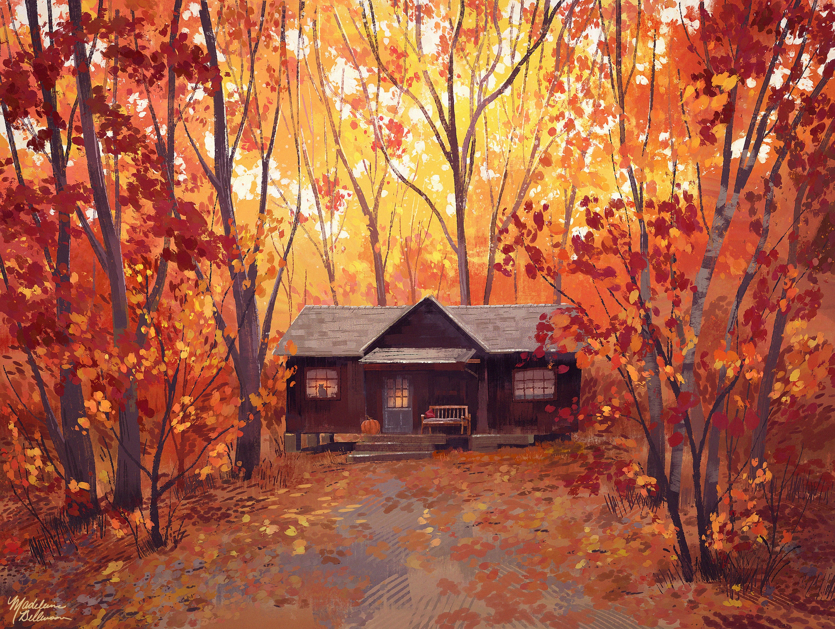 Cabin in the woods during autumn HD Wallpaper