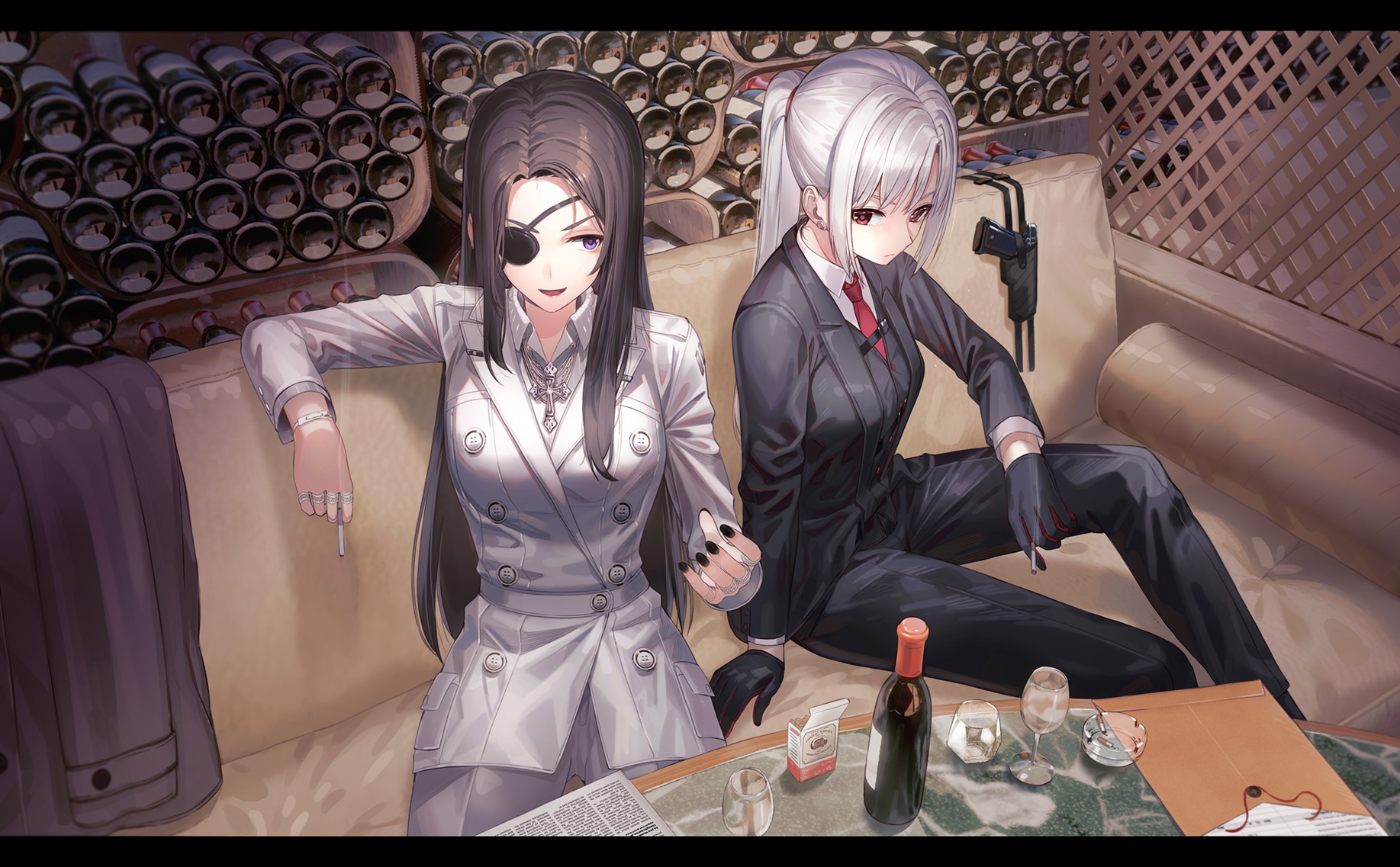 Two women in suits with wine and cigarettes HD Wallpaper