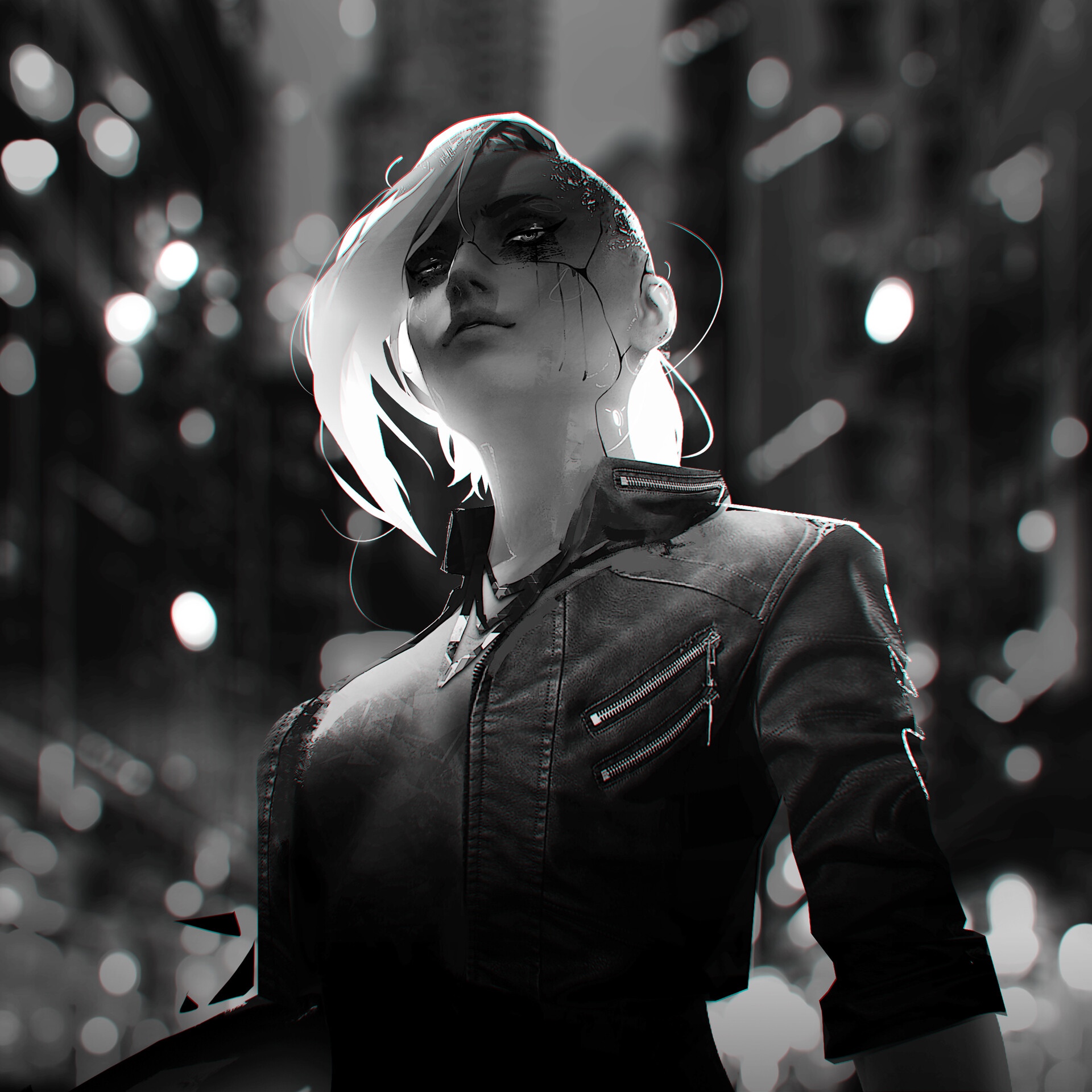 Cyberpunk woman with cracked face in monochrome city HD Wallpaper