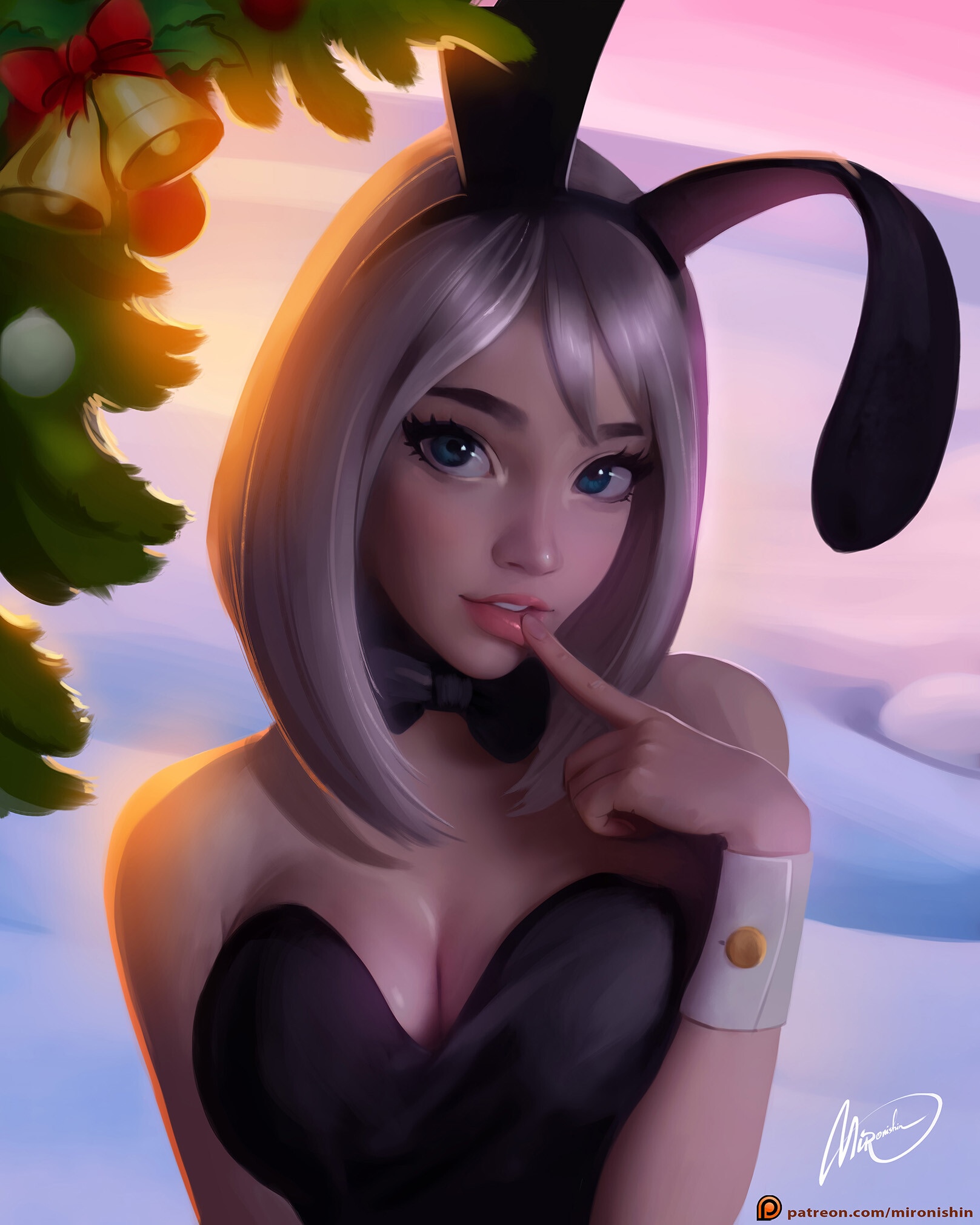 Bunny Girl with Christmas Tree HD Phone Wallpaper