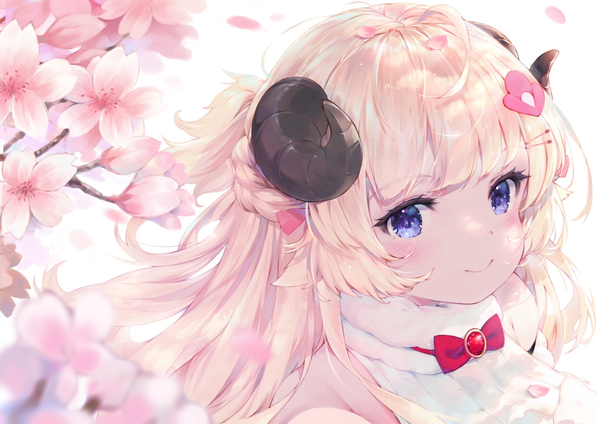 Anime girl with blonde hair and blue eyes with cherry blossoms HD Wallpaper