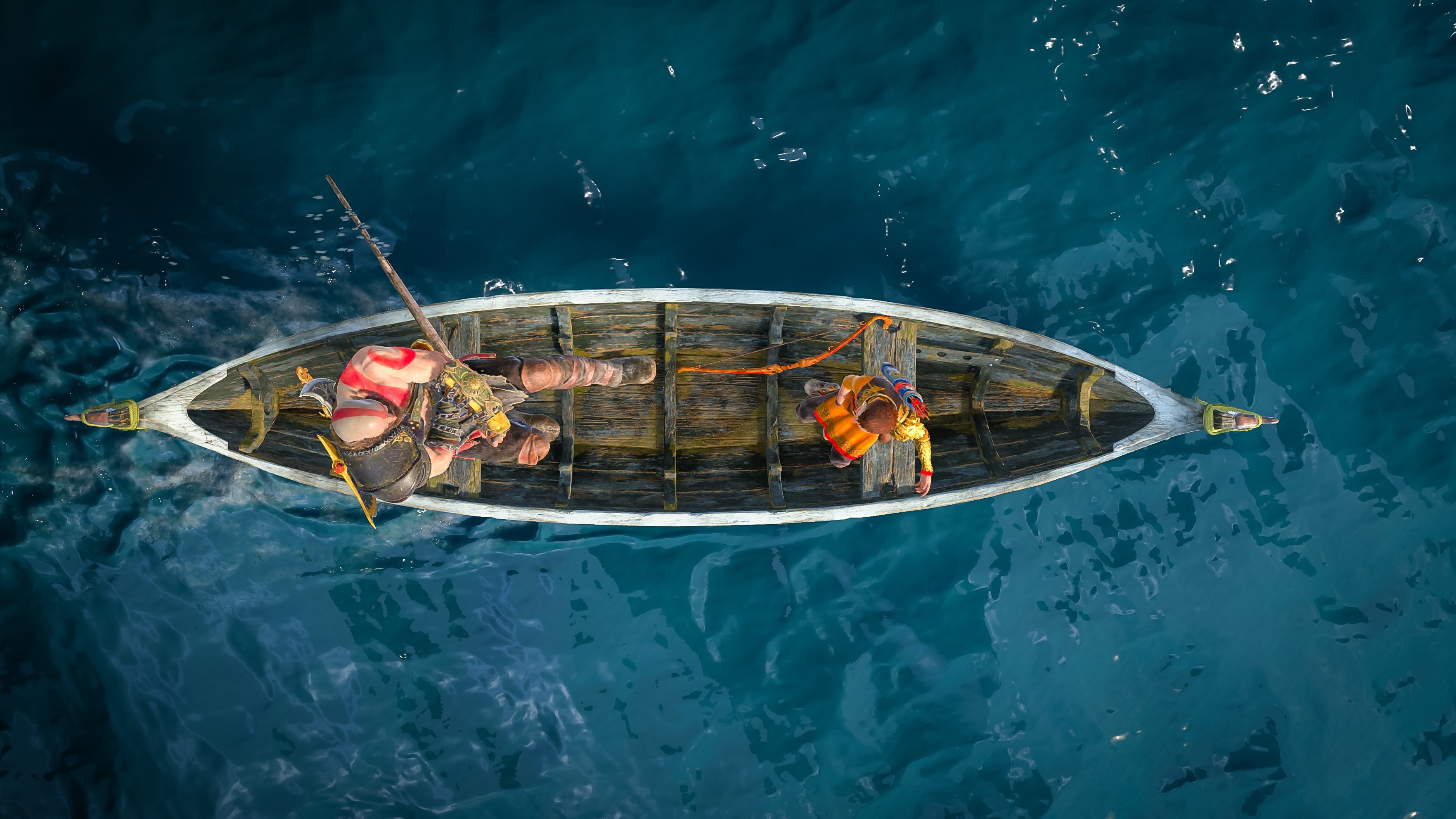 God of War: Kratos and Atreus in a boat HD Wallpaper