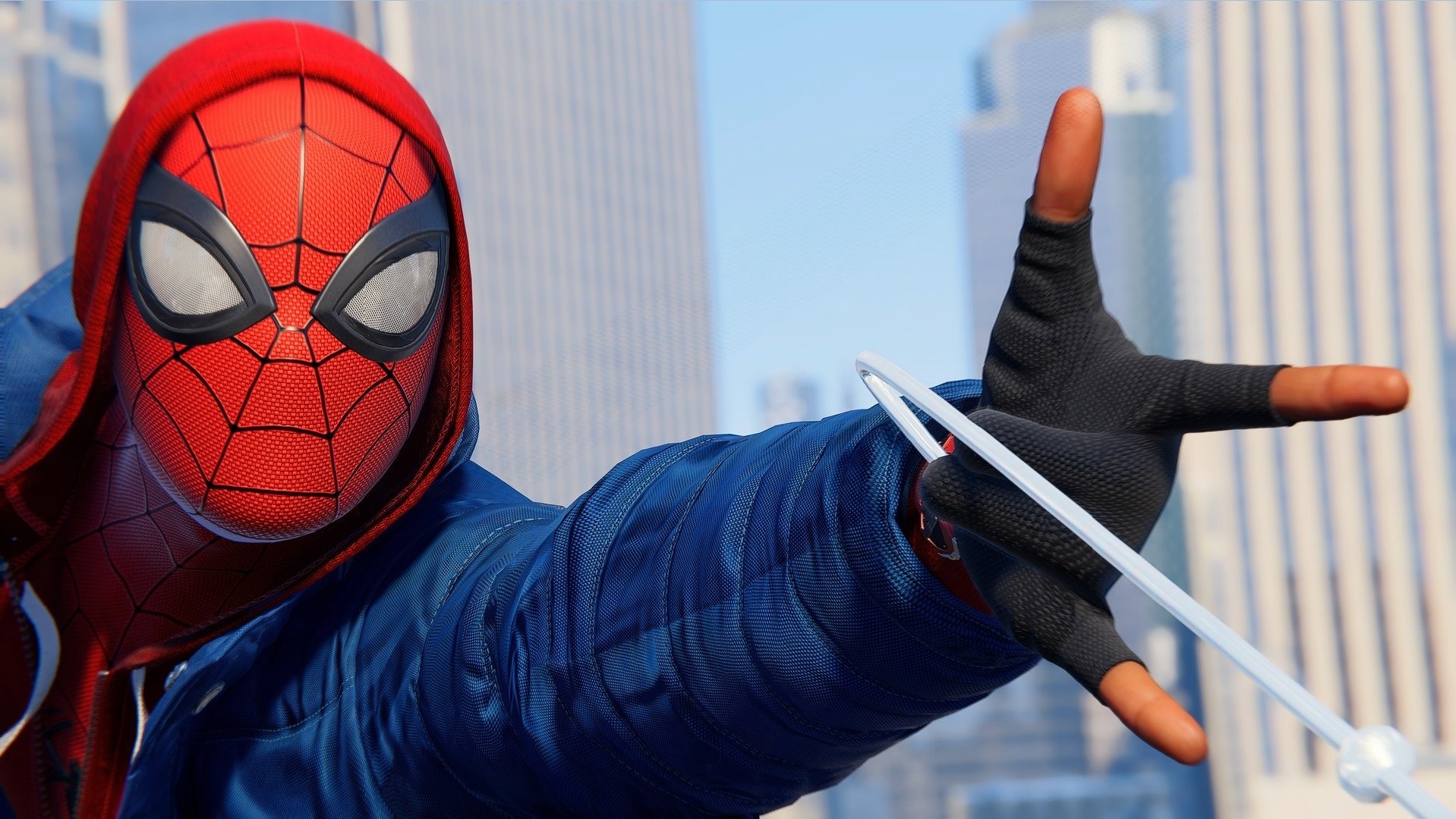 Spider-Man with a blue jacket and red hood HD Wallpaper