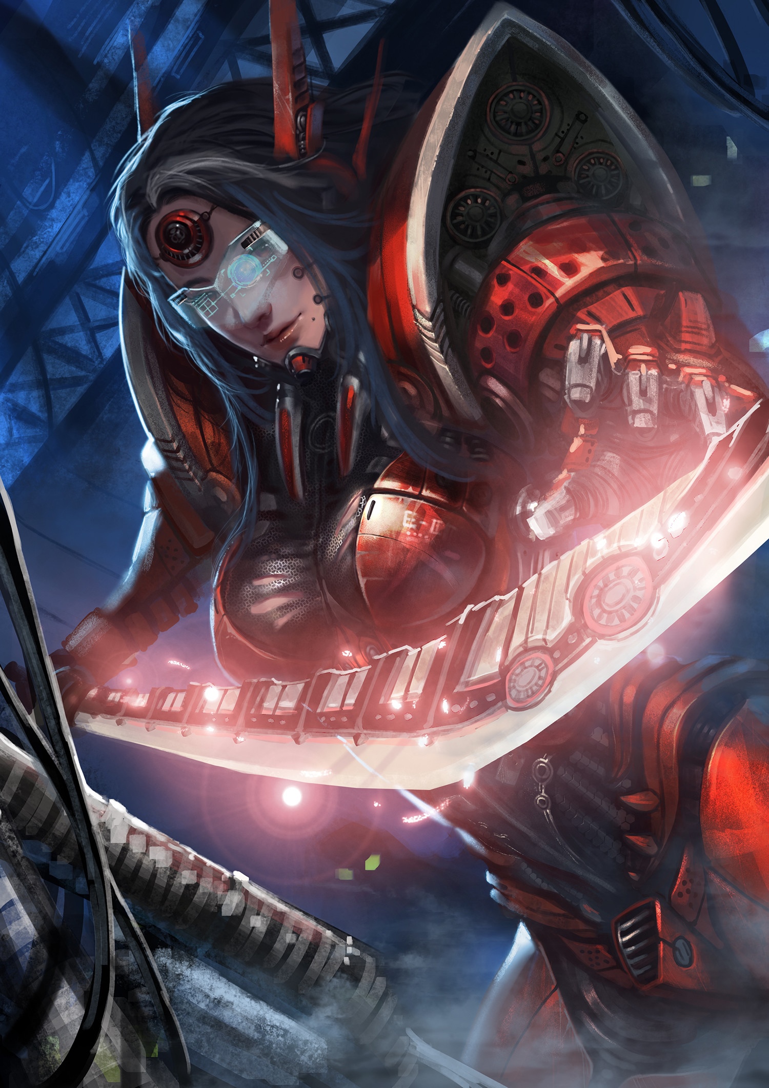 San Mufan character in red armor with cybernetic glasses HD Phone Wallpaper