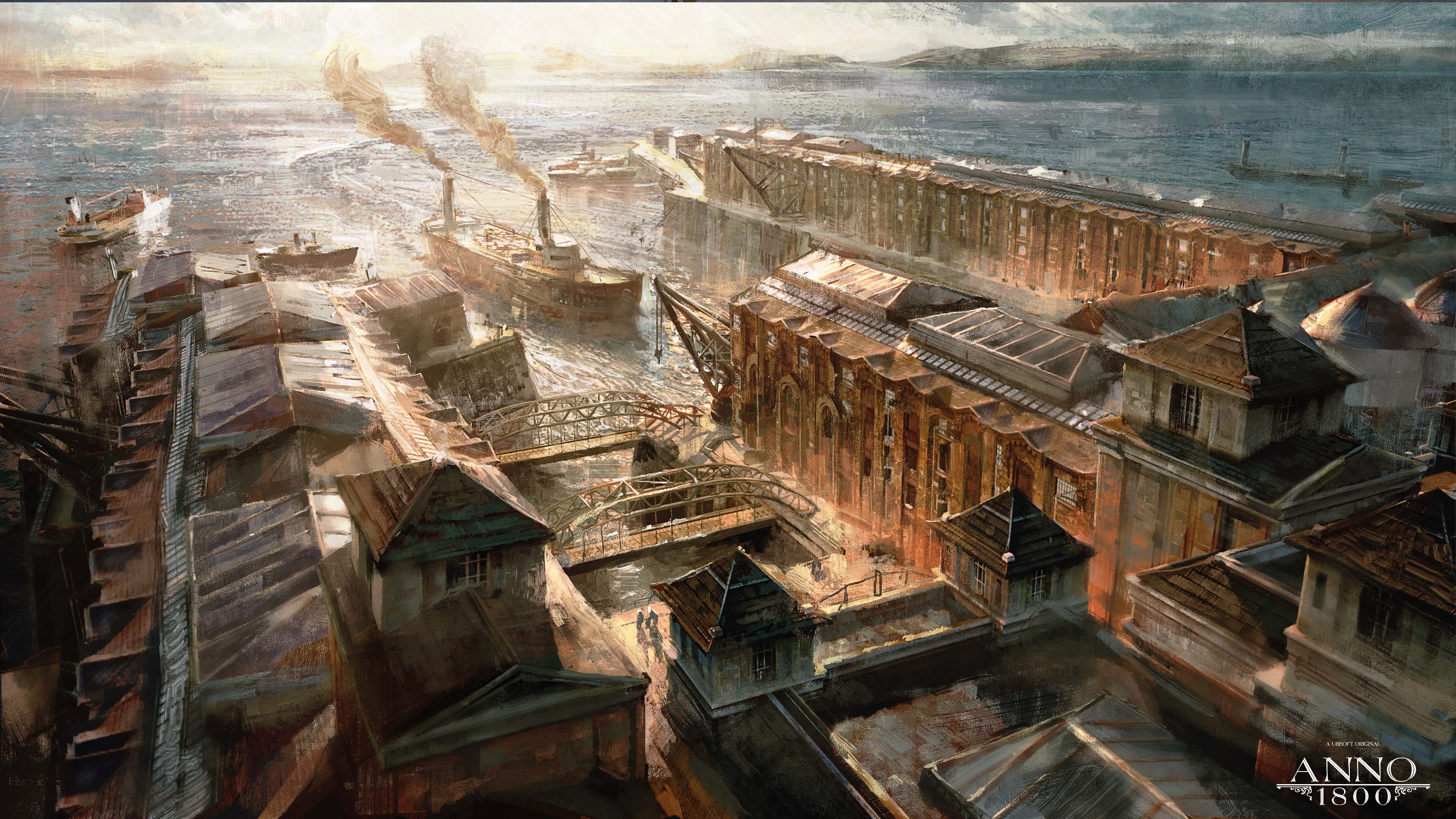 Anno 1800 concept art of a bustling dockyard with steamships HD Wallpaper