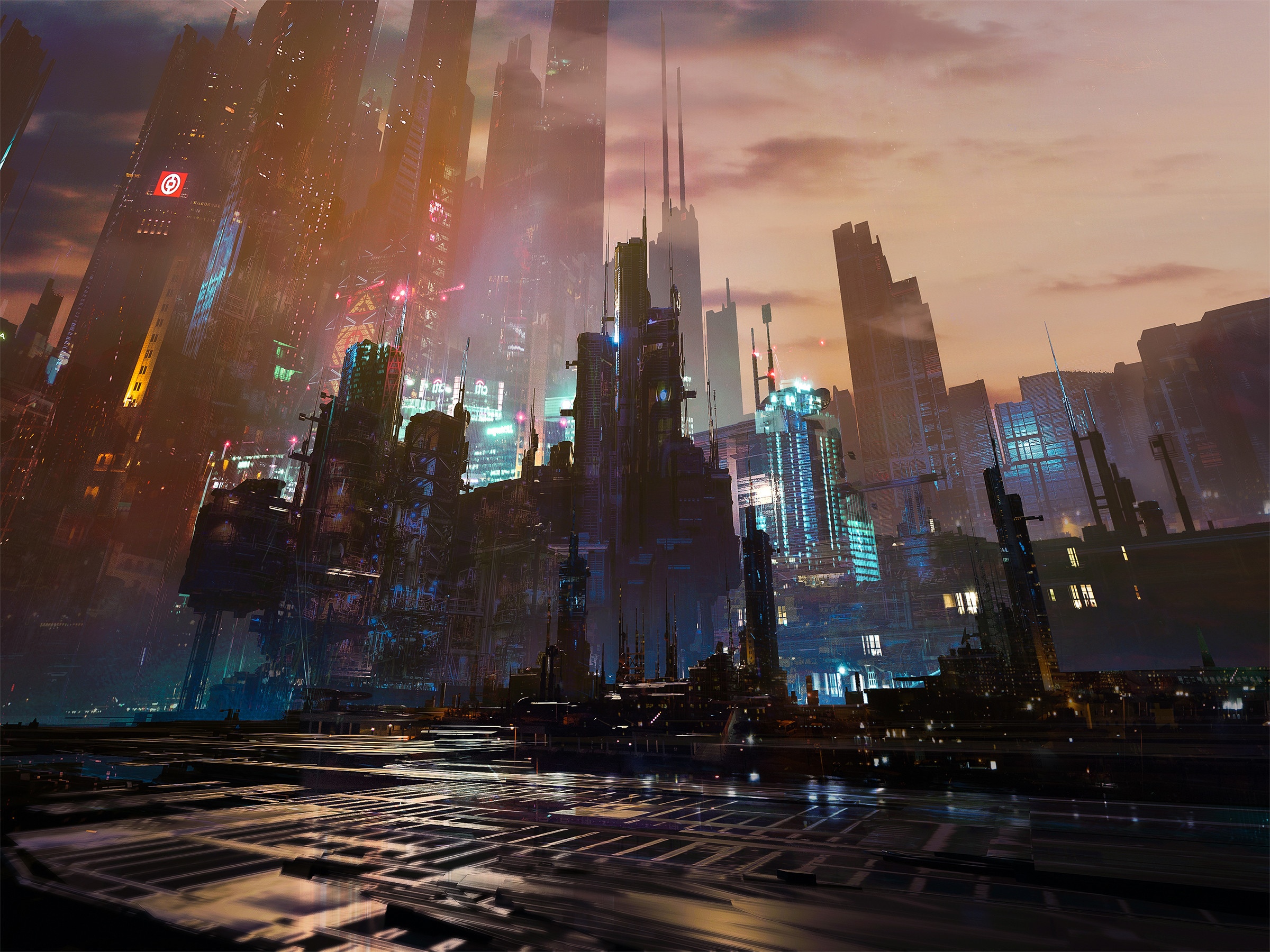 Cyberpunk cityscape at dusk with city lights HD Wallpaper