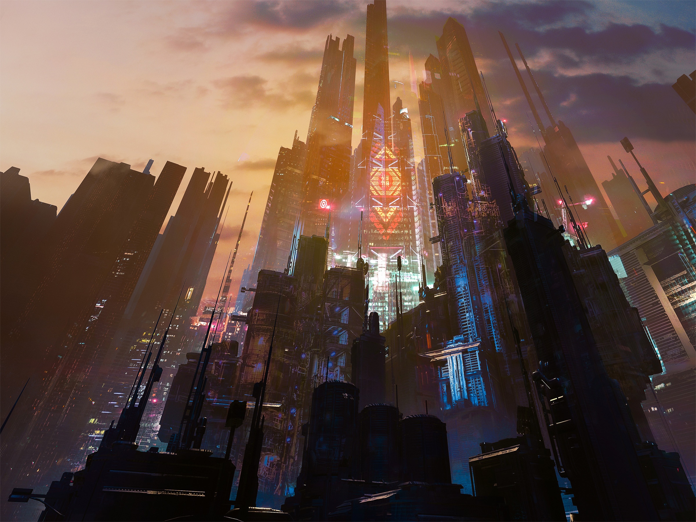 Cyberpunk cityscape with towering skyscrapers at dusk HD Wallpaper