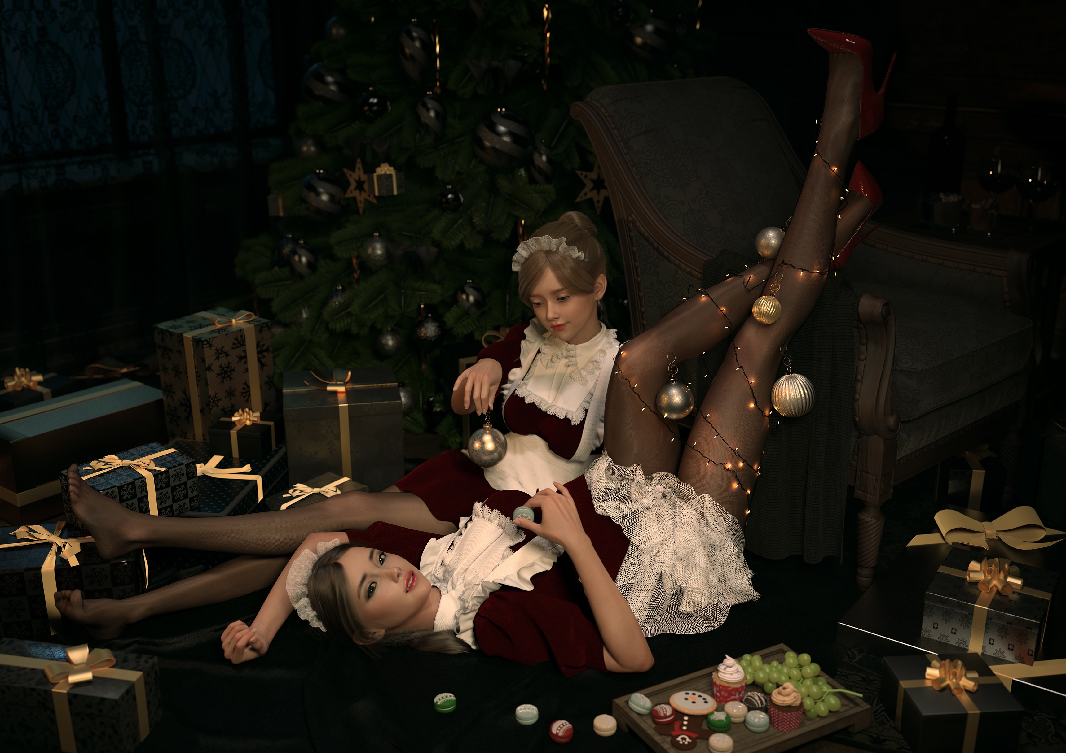 Women in maid outfits with Christmas decorations HD Wallpaper