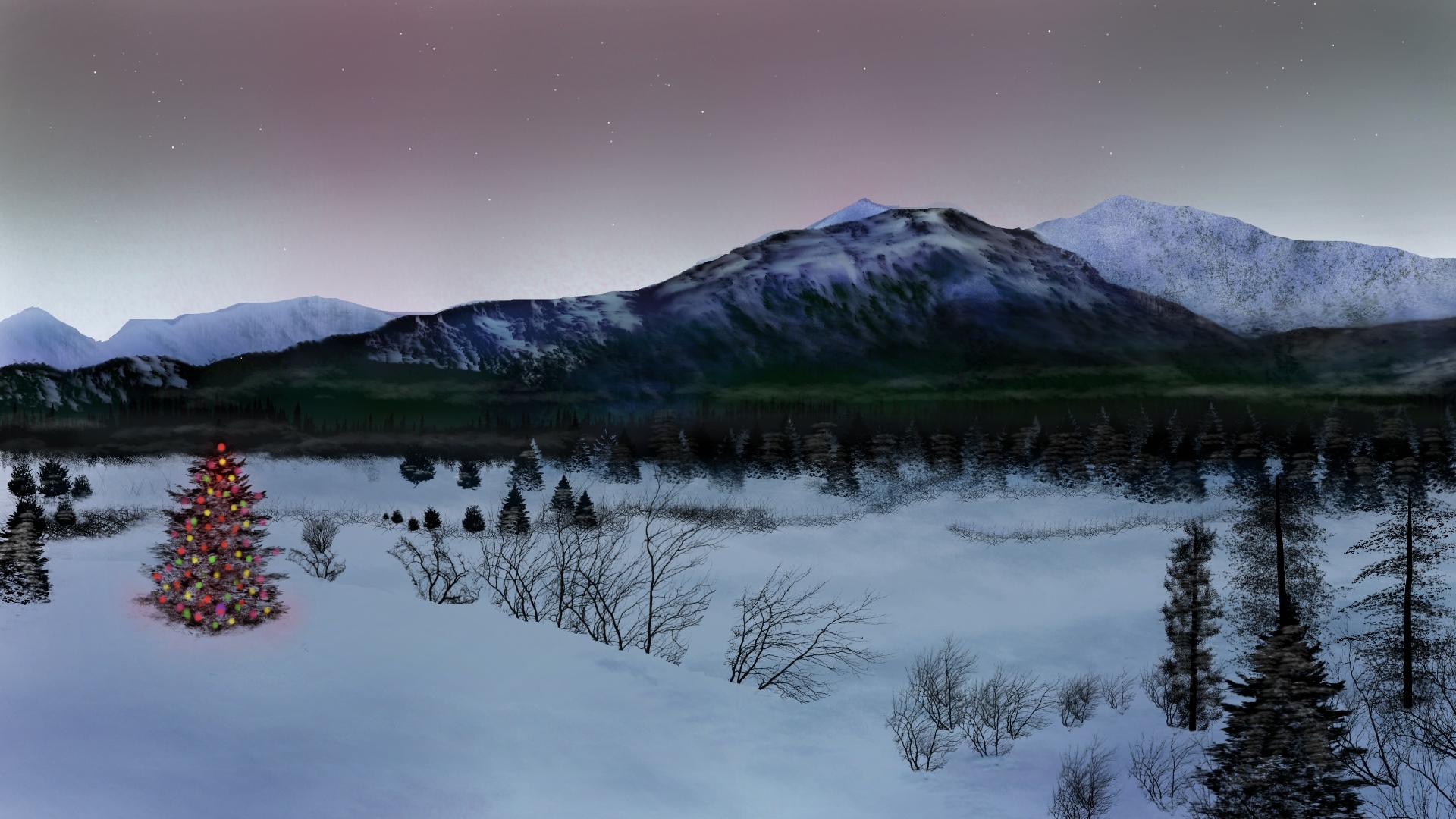 Digital painting of a Christmas tree in a snowy landscape HD Wallpaper