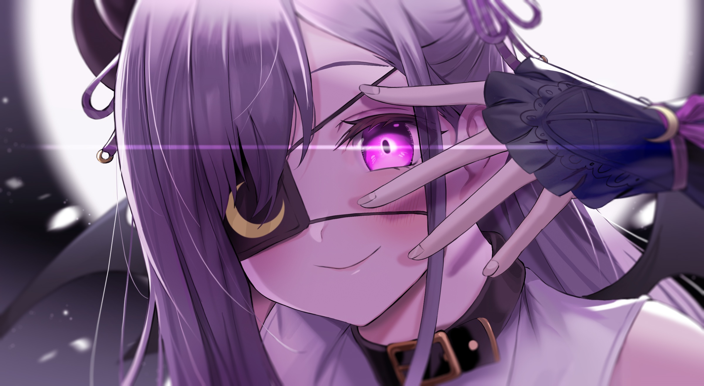 Anime girl with purple hair and eyepatch smiling HD Wallpaper