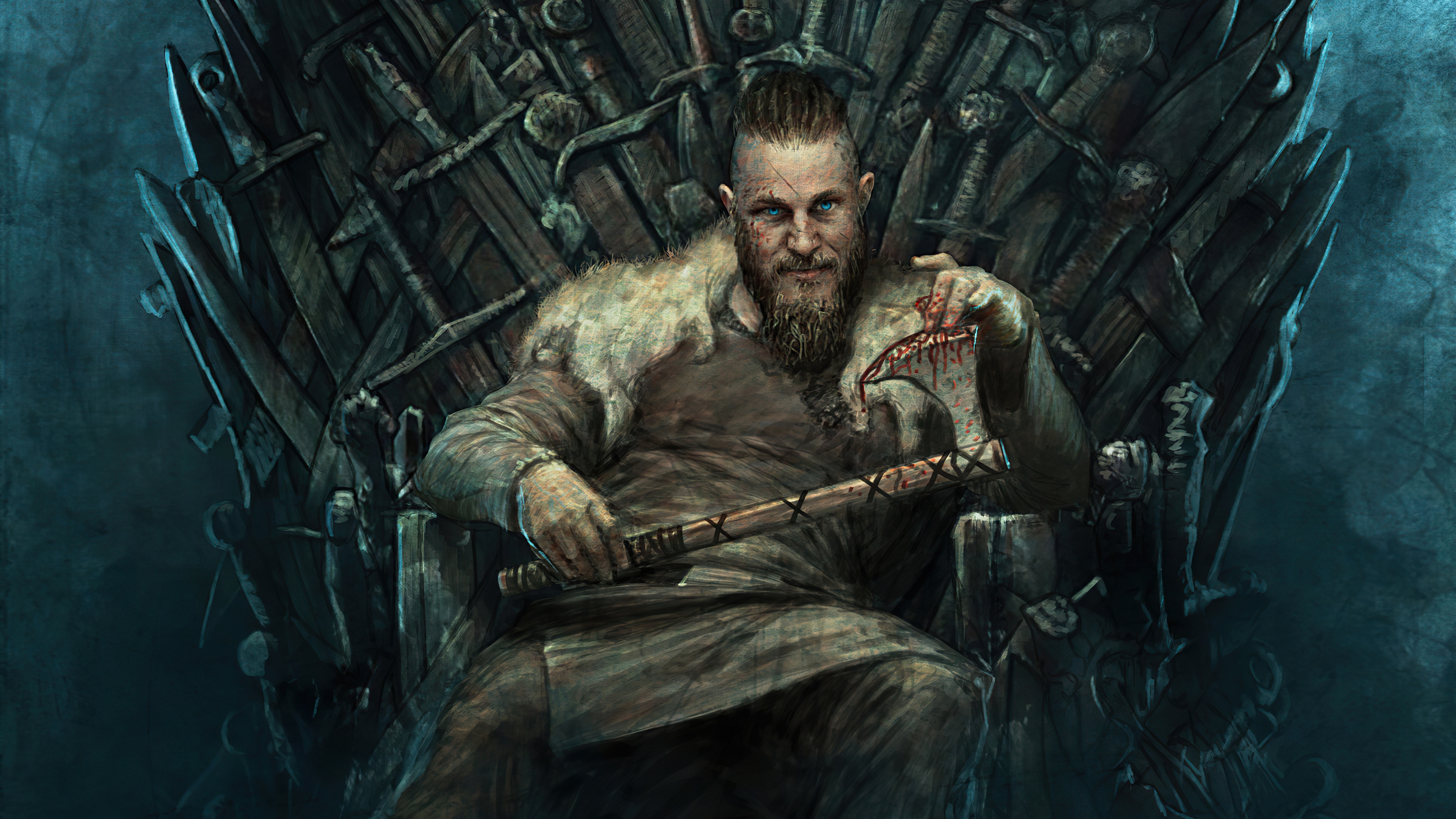 Ragnar Lodbrok on the Iron Throne with an axe HD Wallpaper