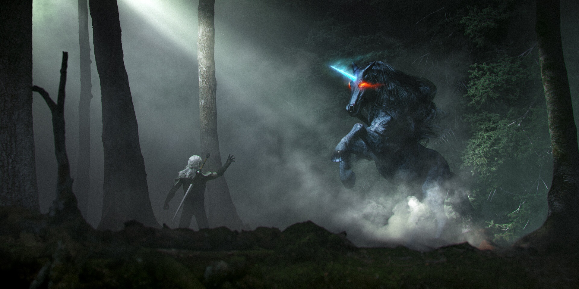 Geralt of Rivia fights a dark unicorn in a foggy forest HD Wallpaper