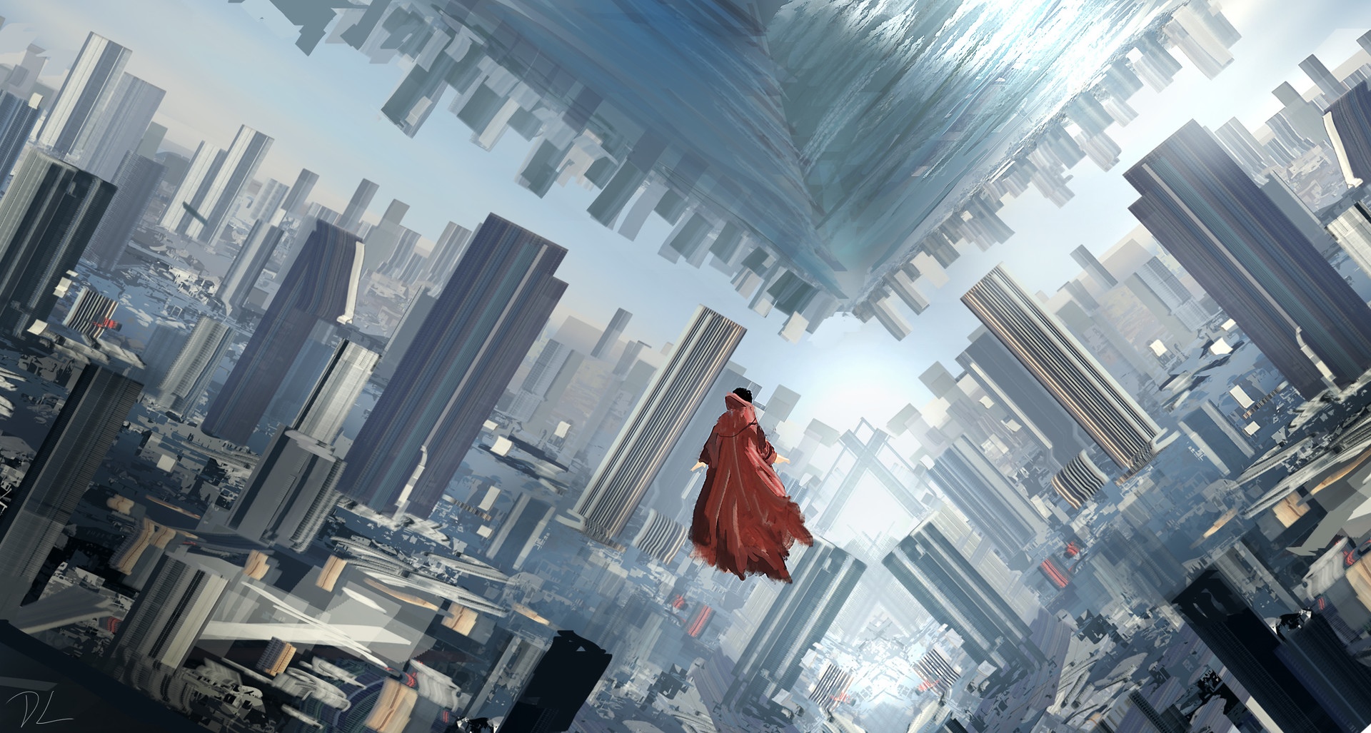 Doctor Strange in a surreal, inverted cityscape HD Wallpaper