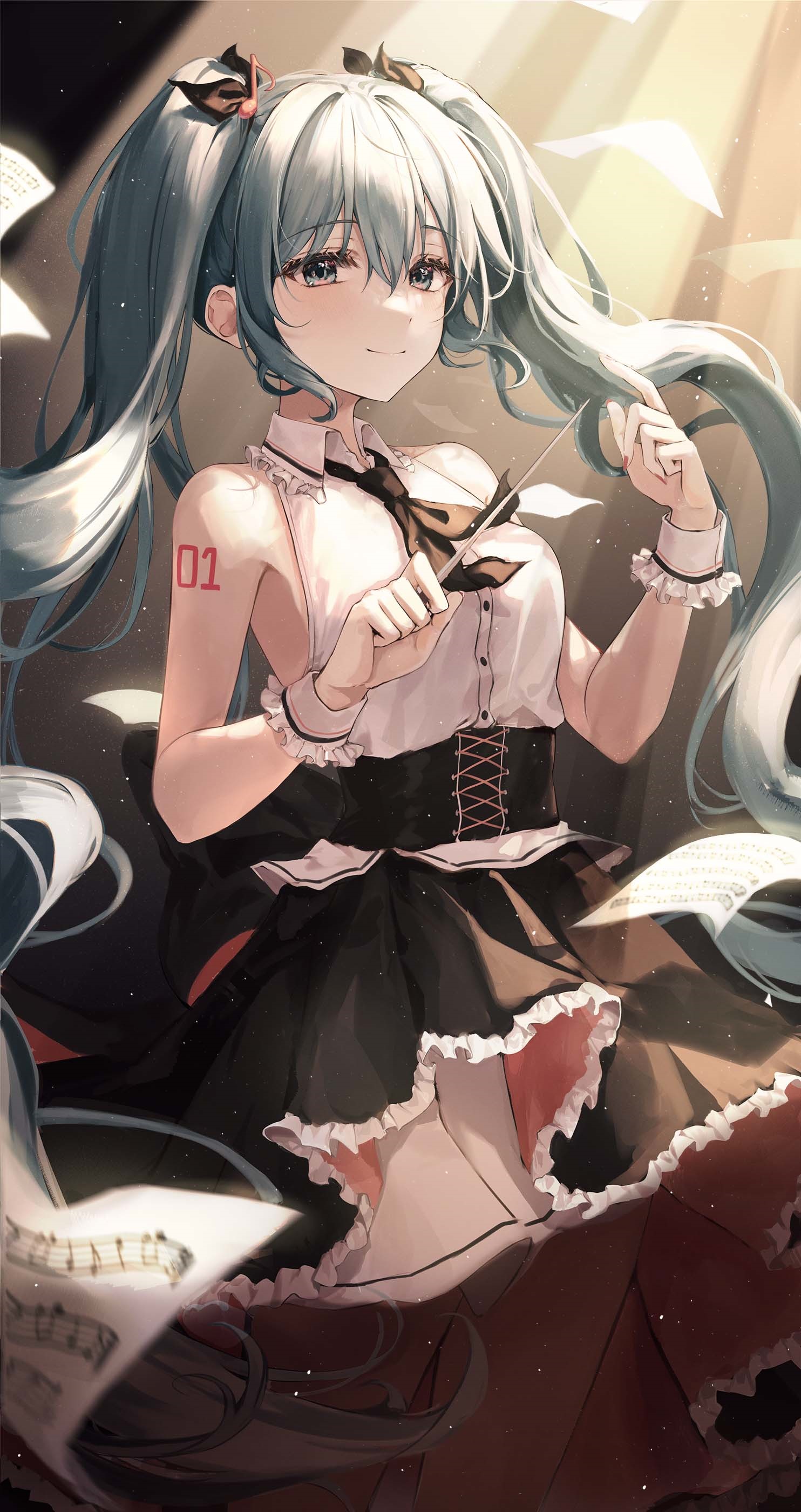 Anime girl with twintails and tattoo holding a conductor's baton HD Phone Wallpaper