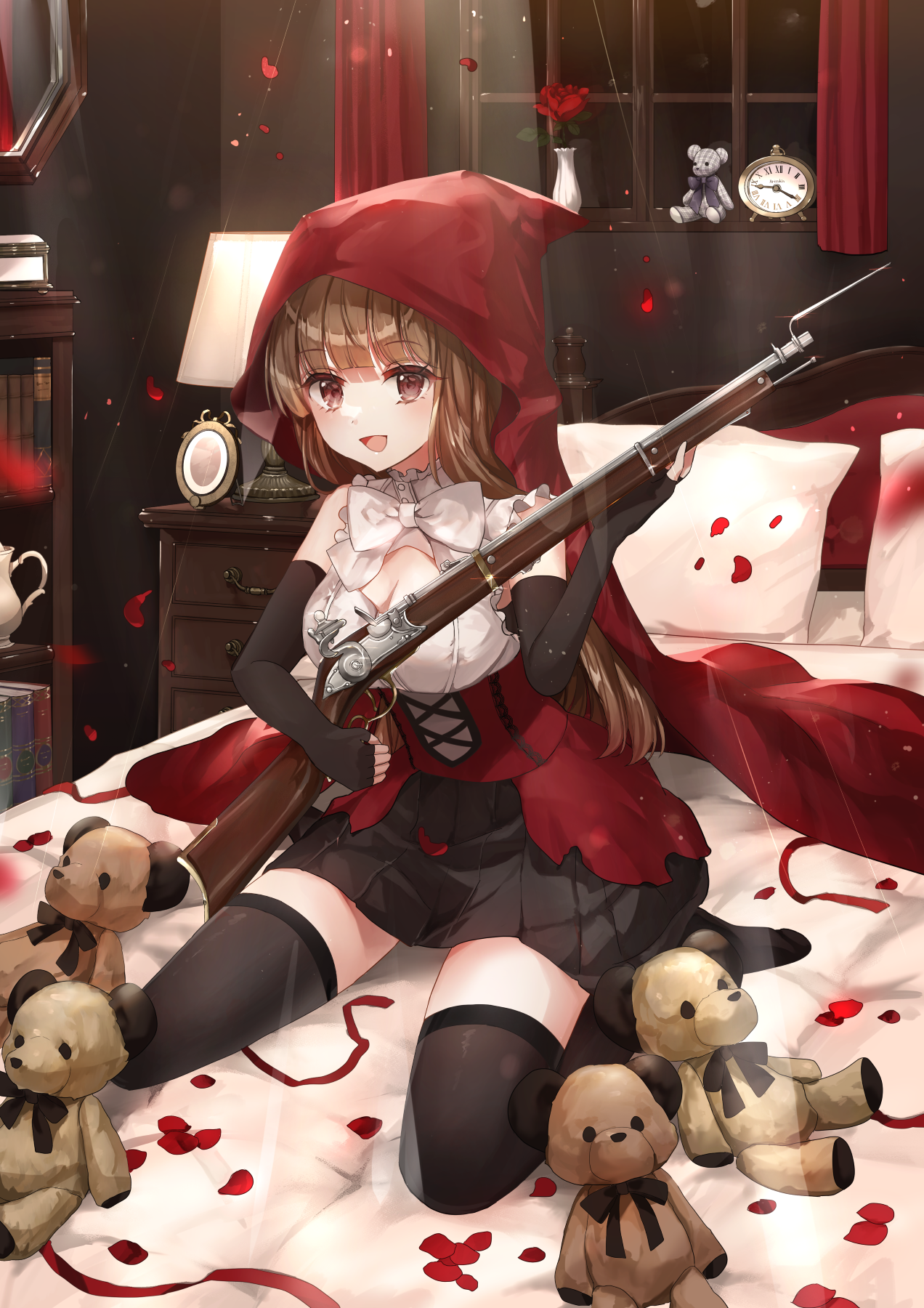 Anime girl in Little Red Riding Hood costume with a rifle HD Phone Wallpaper