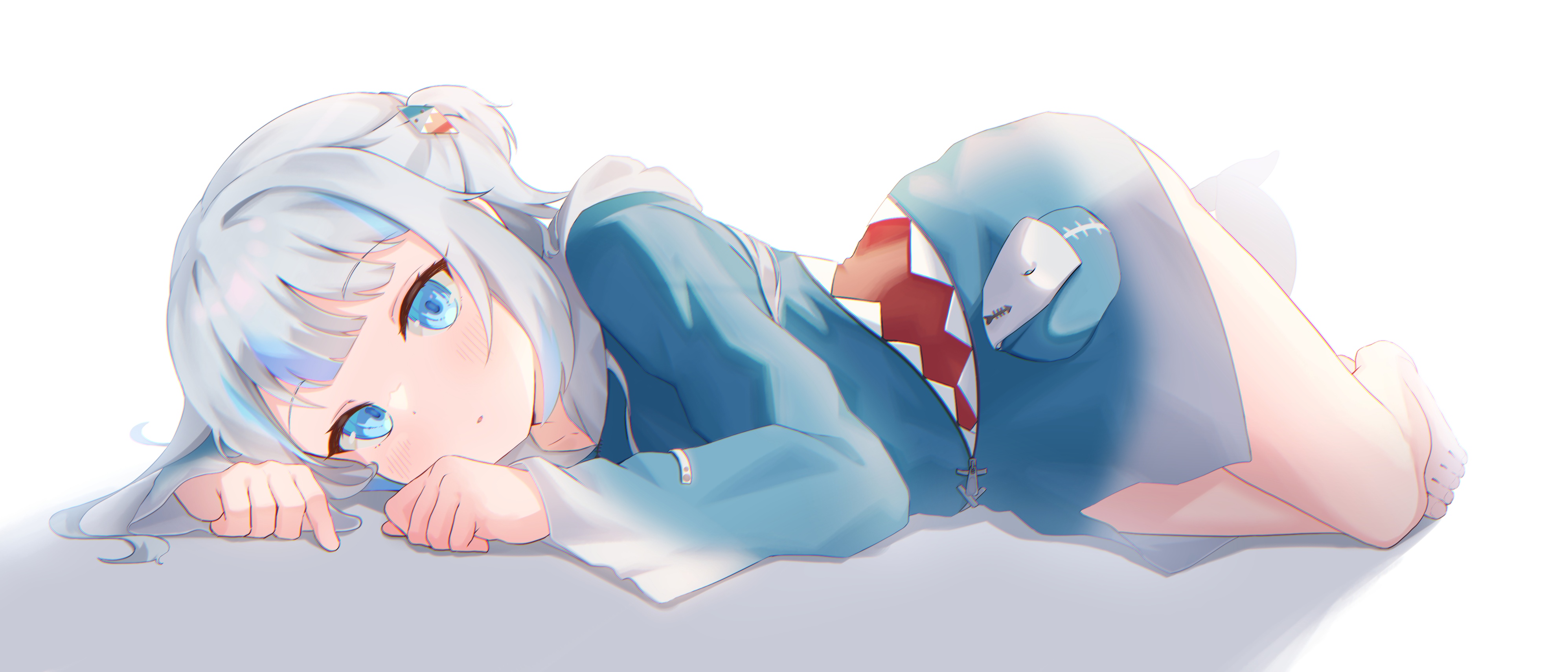 Gawr Gura lying on side, gray hair, blue eyes HD Wallpaper