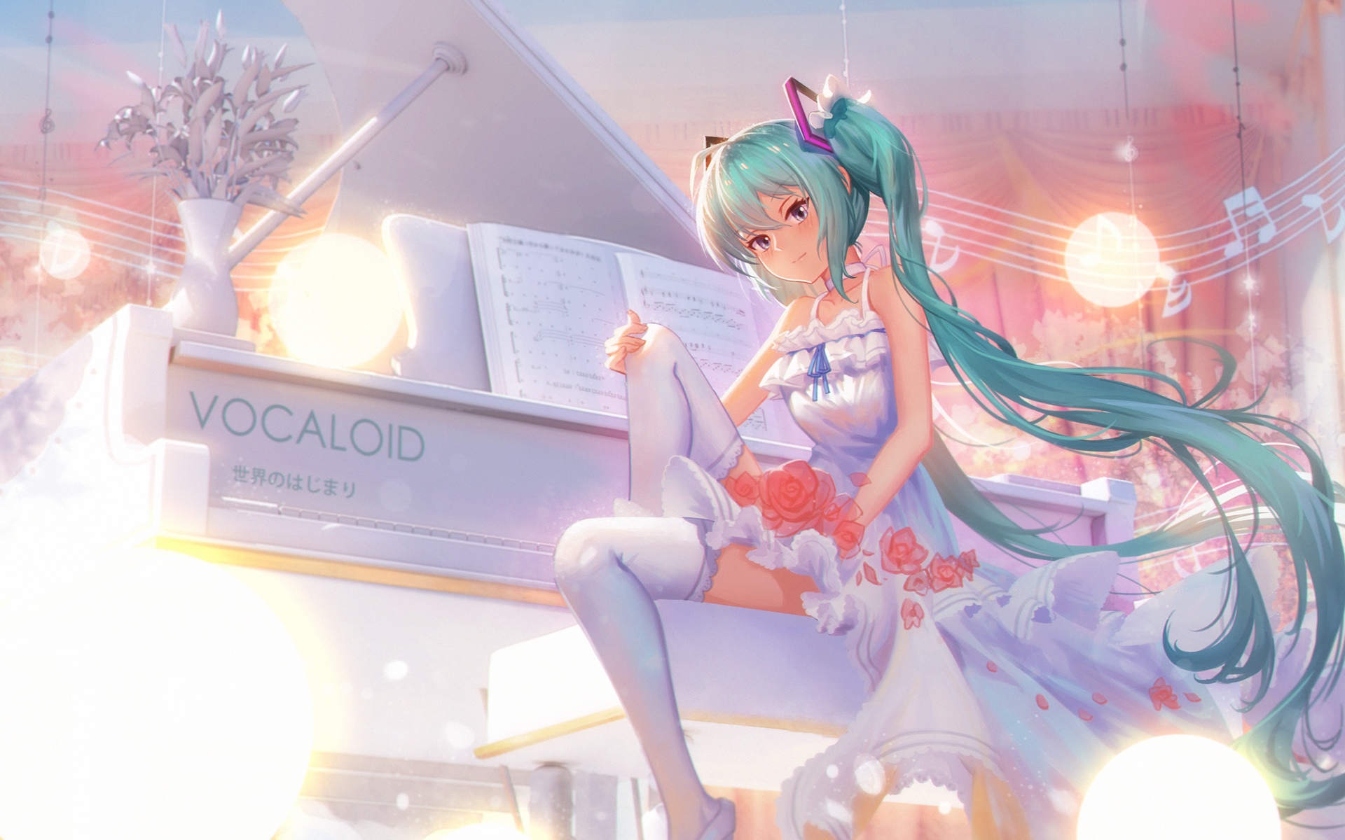 Hatsune Miku sitting on a white piano with roses HD Wallpaper