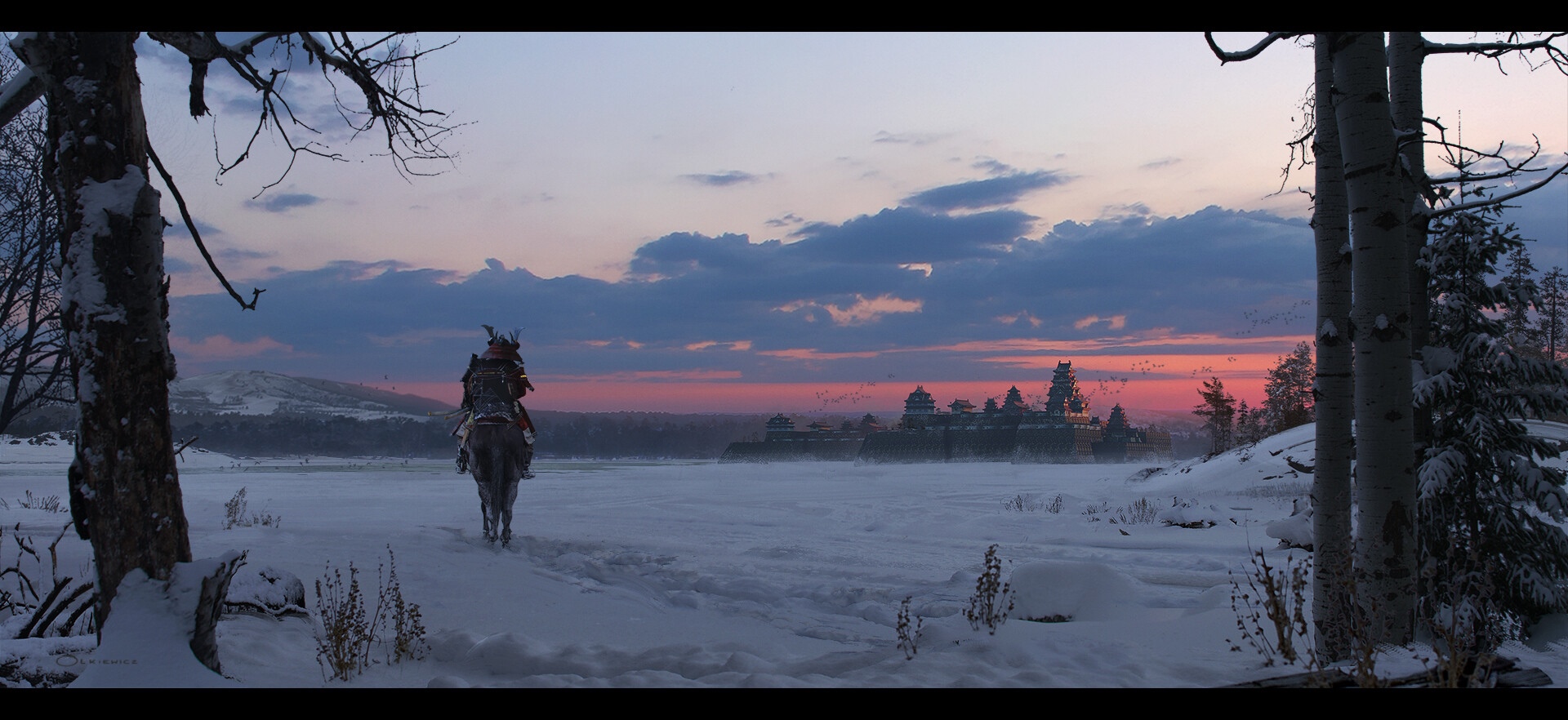 Samurai on horseback in a snowy landscape at dusk HD Wallpaper