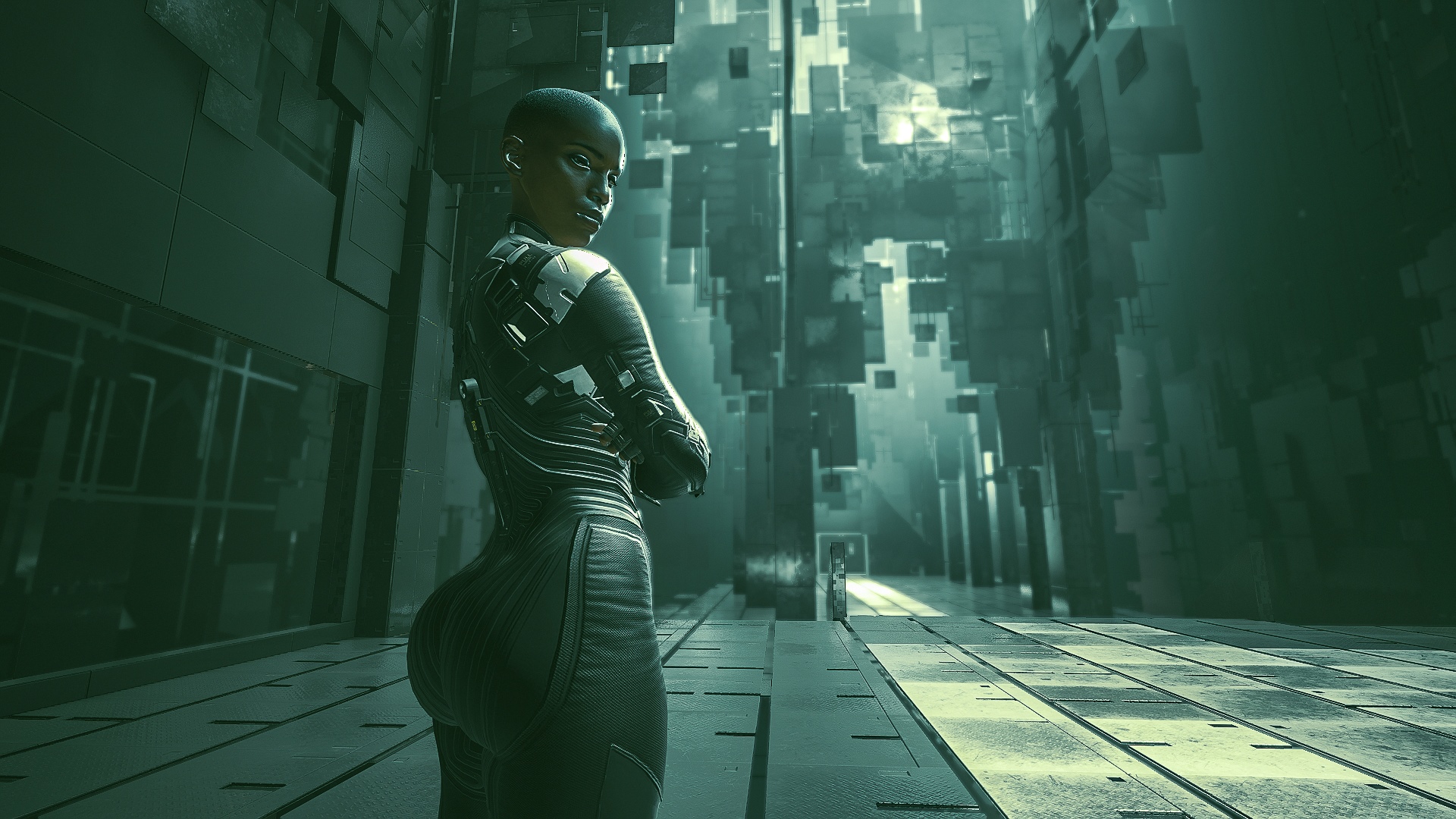 T-Bug from Cyberpunk 2077 in a futuristic corridor HD Wallpaper