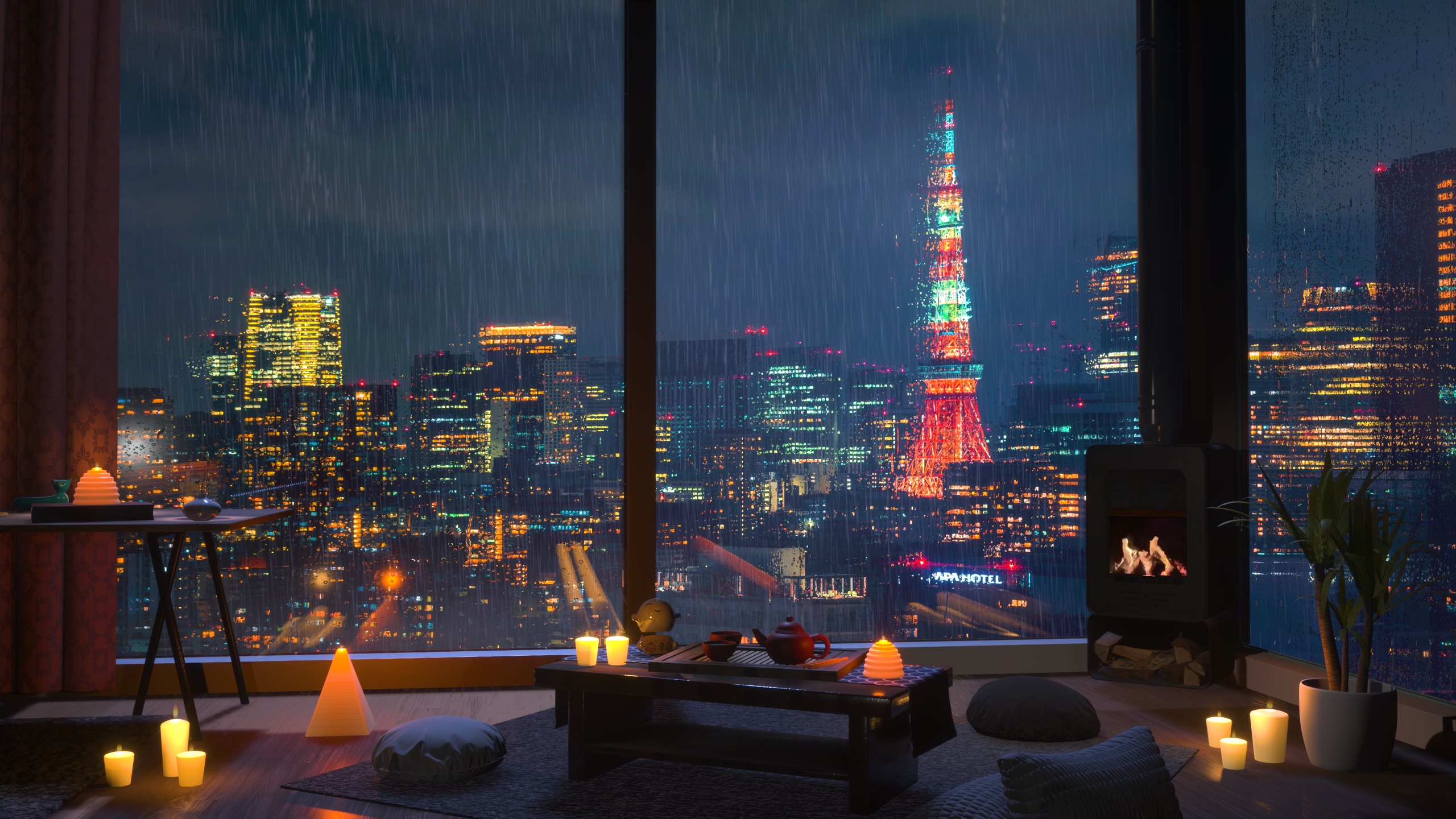 Cozy apartment overlooking Tokyo cityscape on a rainy night HD Wallpaper