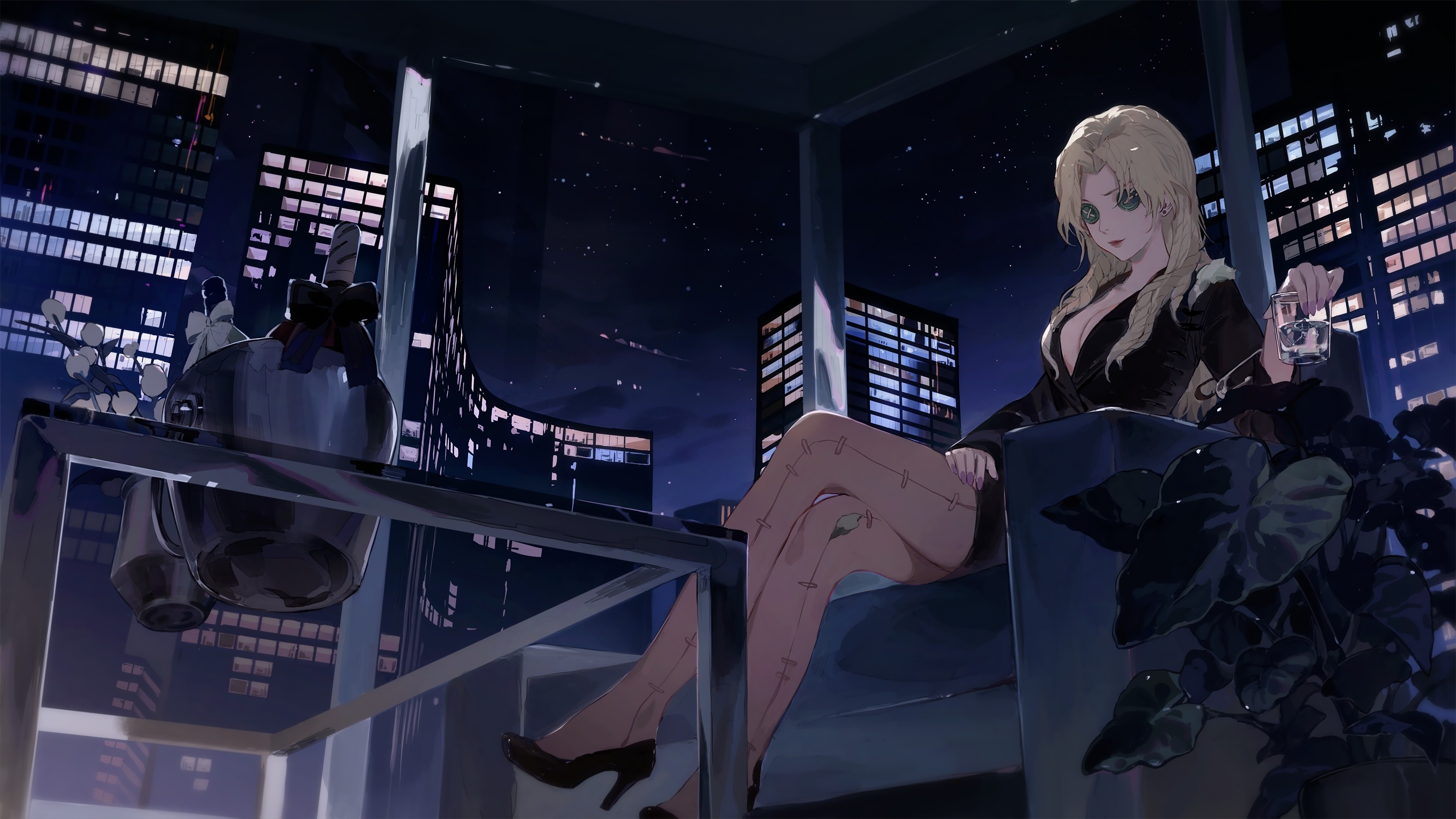Anime girl in black suit holding a glass at night HD Wallpaper