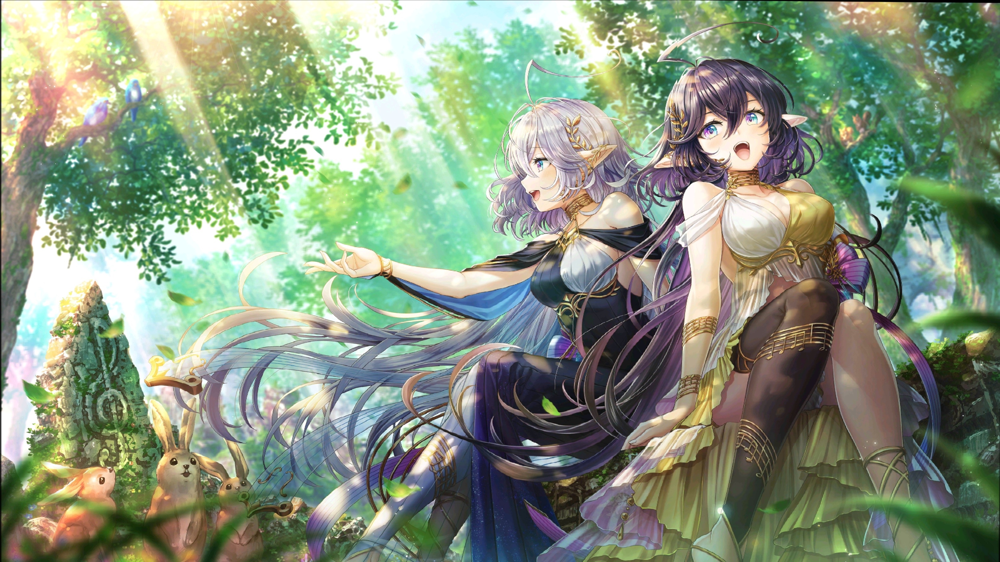 Two elf girls and rabbits in a forest HD Wallpaper