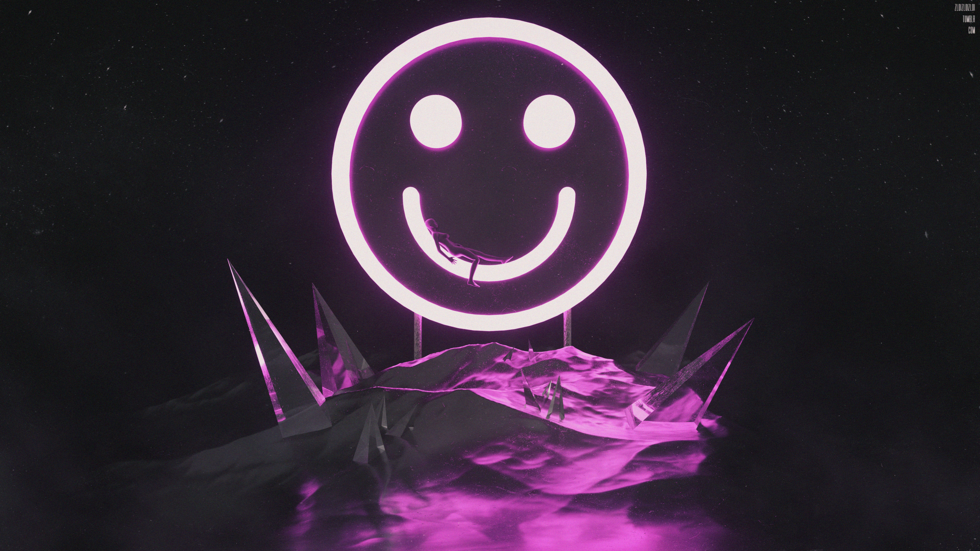 4K Neon Smiley Face with Crystal Landscape HD Wallpaper