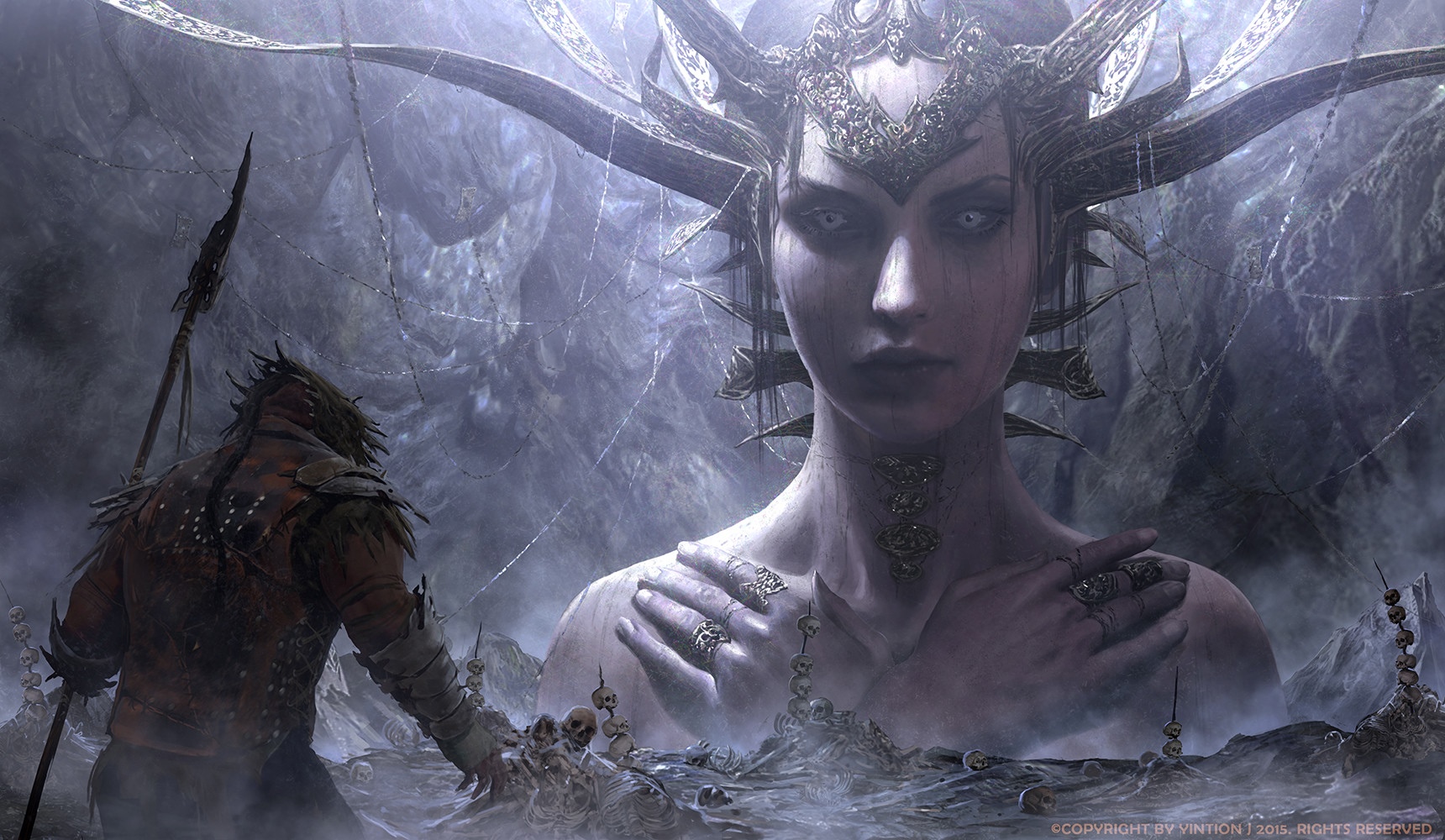 Jiang Geping's Fantasy Art of a Giant Queen and Warrior HD Wallpaper