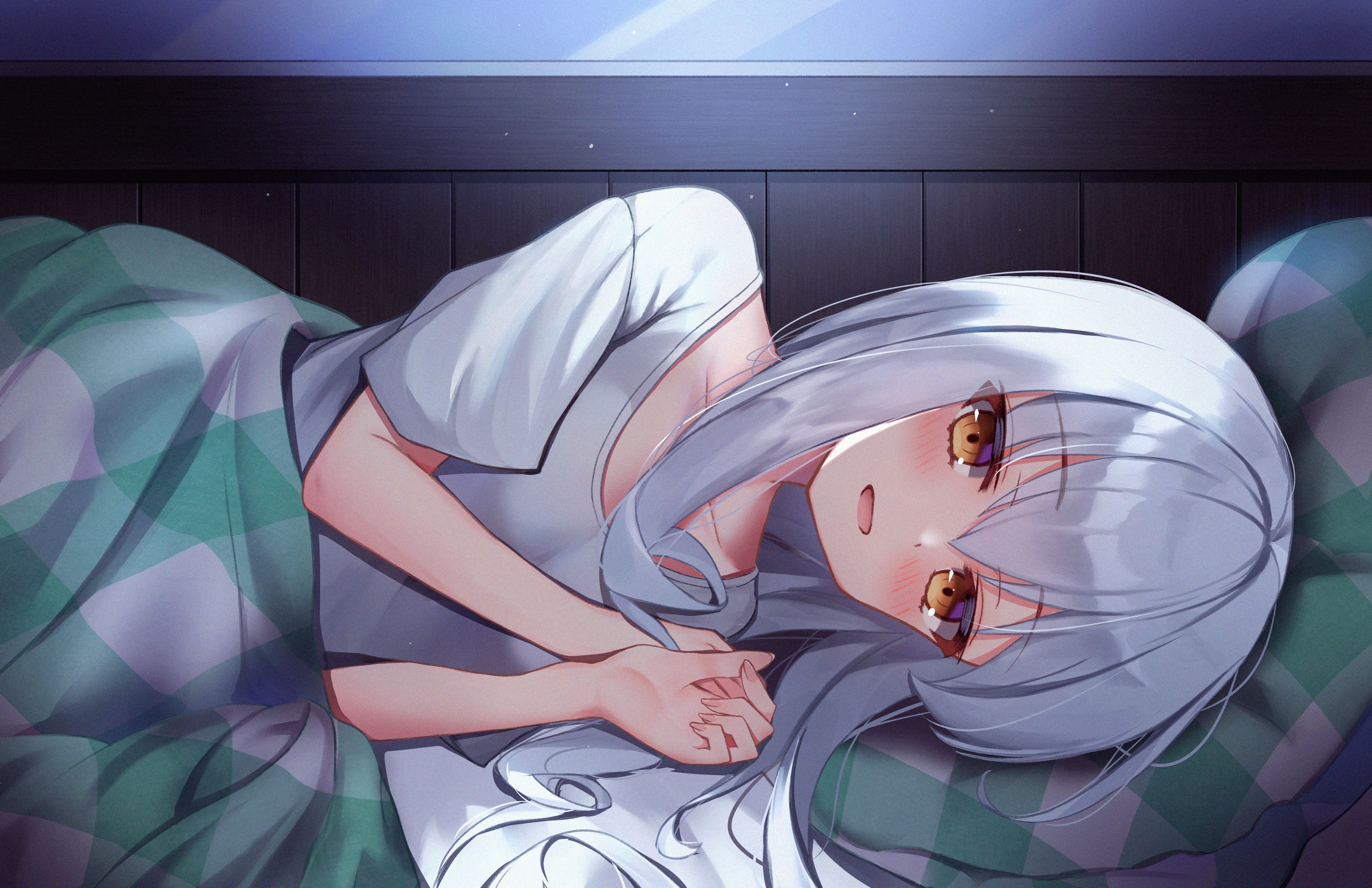 4K anime girl with silver hair in bed HD Wallpaper