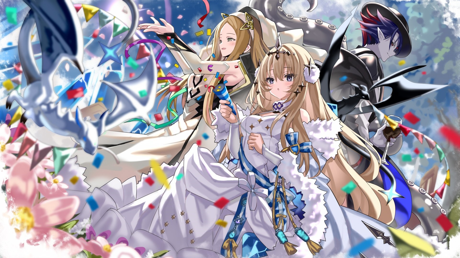 Alchemy Stars Characters with Dragons and Confetti HD Wallpaper