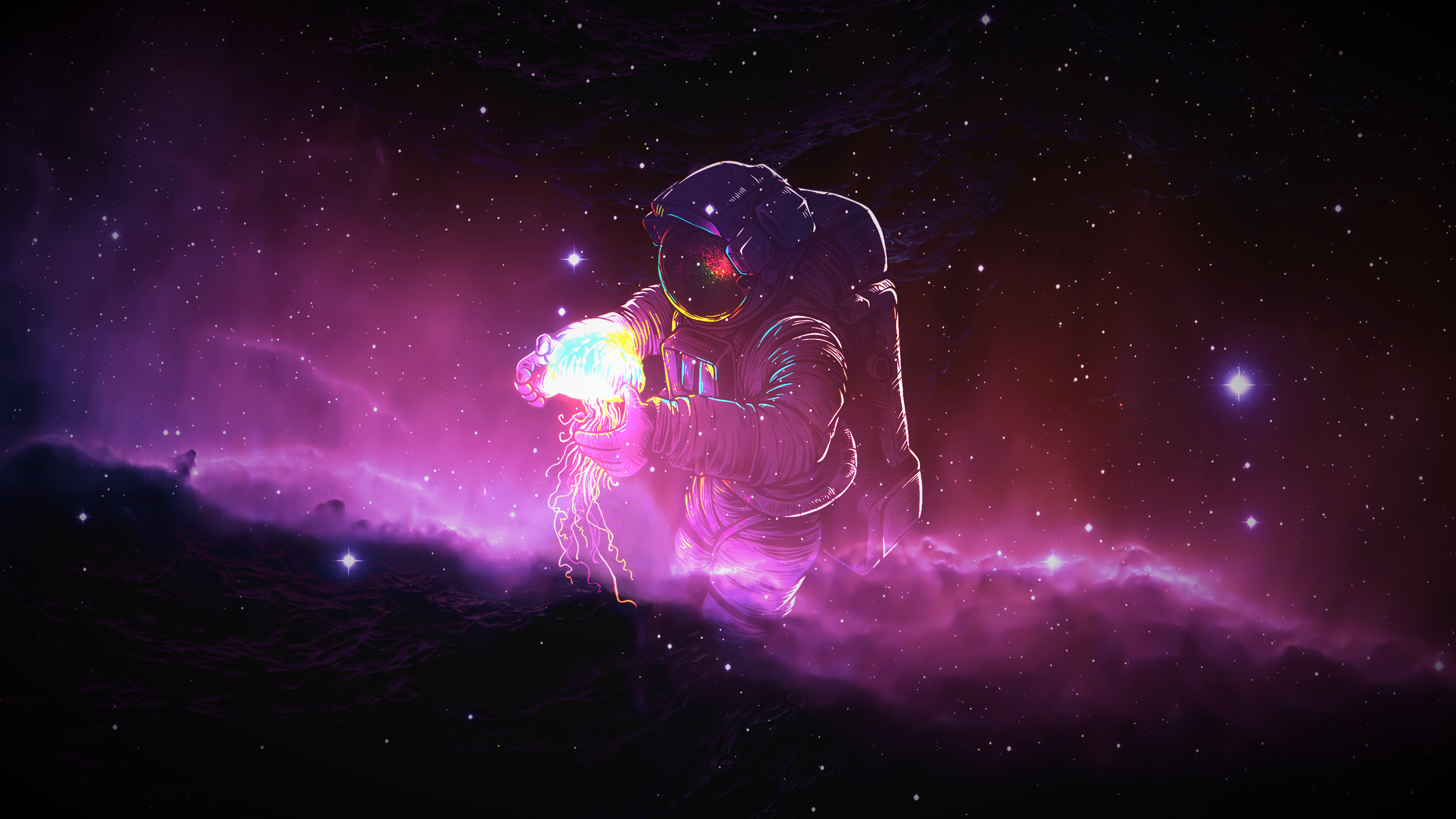 Astronaut holding a glowing jellyfish in a nebula HD Wallpaper