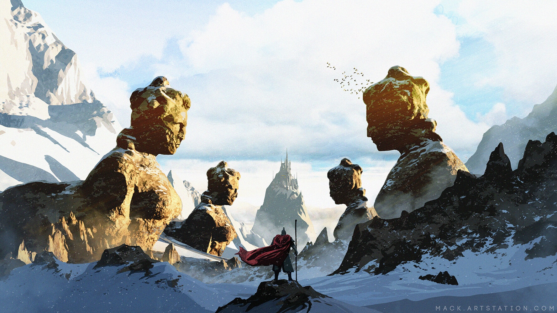 Fantasy landscape with ancient statues and a distant castle HD Wallpaper