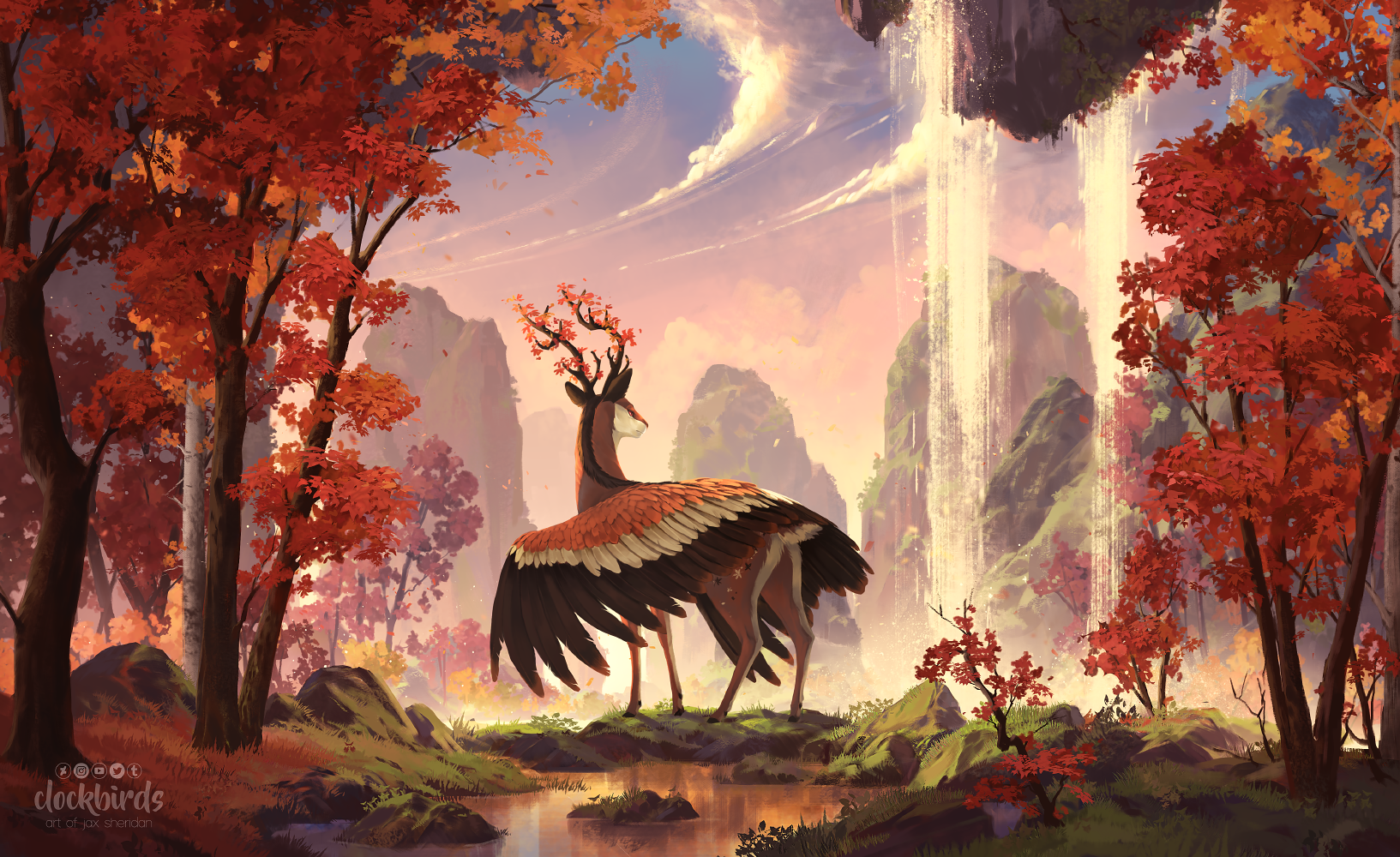 Fantasy creature with wings and antlers near a waterfall HD Wallpaper