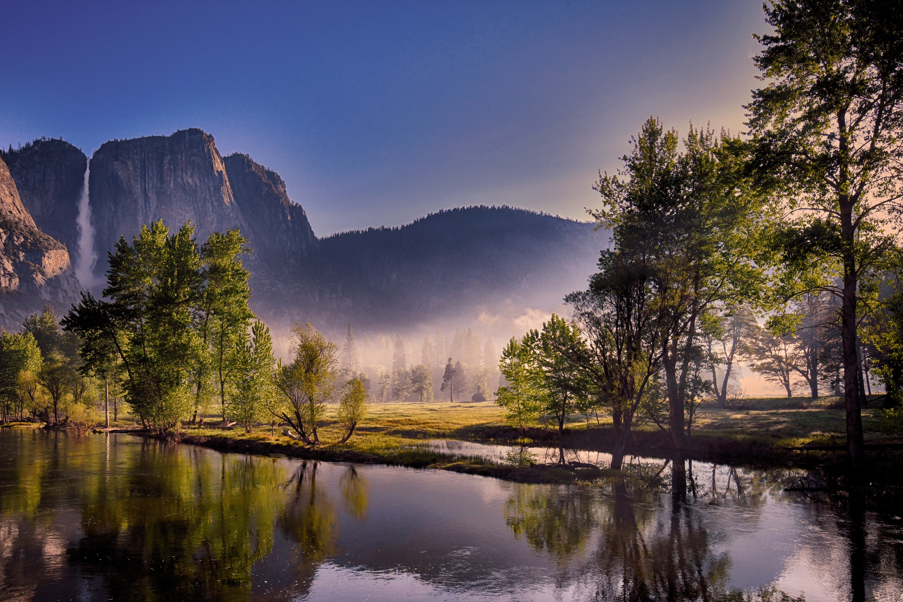 Yosemite National Park waterfall and river at sunrise HD Wallpaper