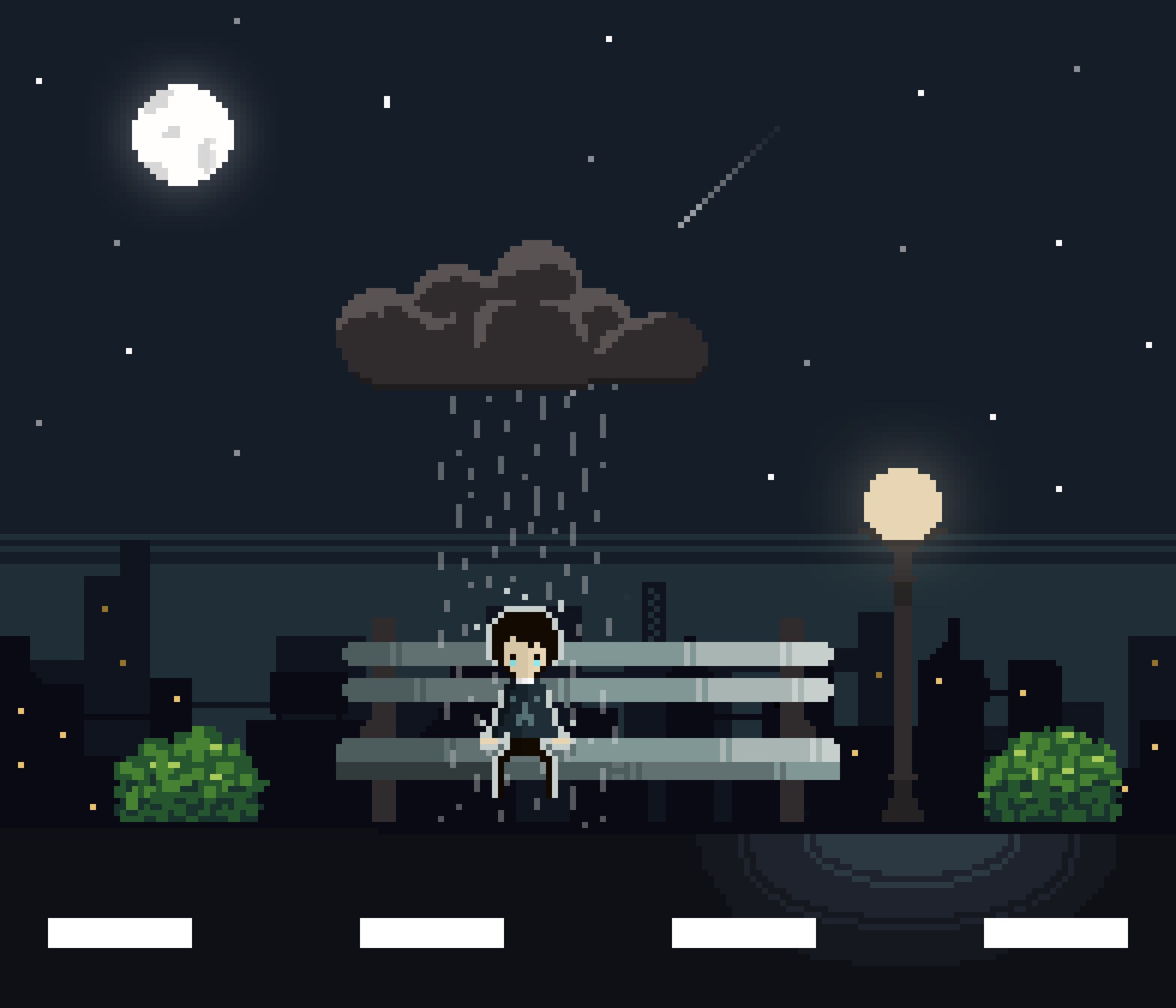 Pixel art of a person sitting on a bench in the rain at night HD Wallpaper