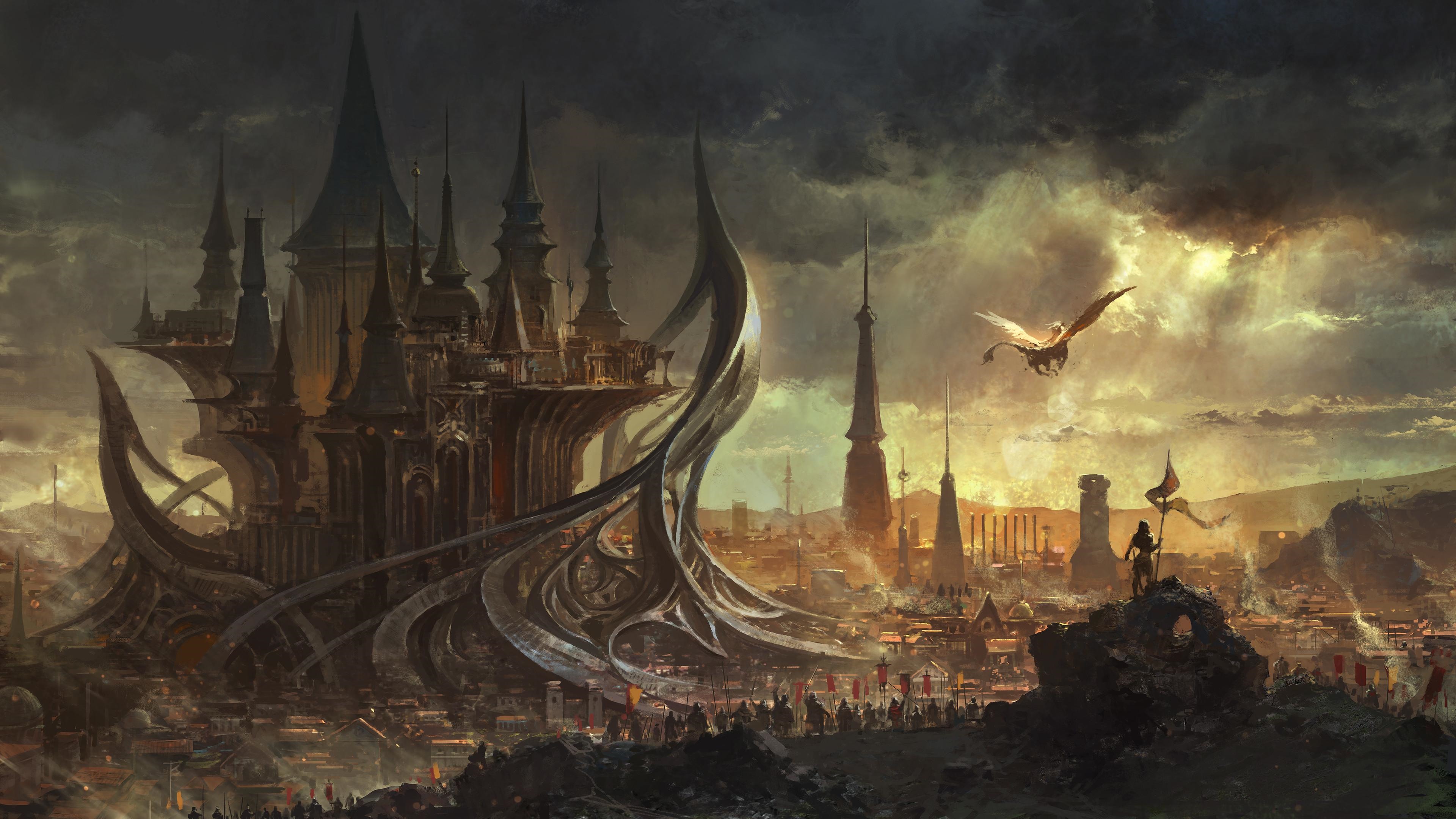 Fantasy city with dragon and people HD Wallpaper