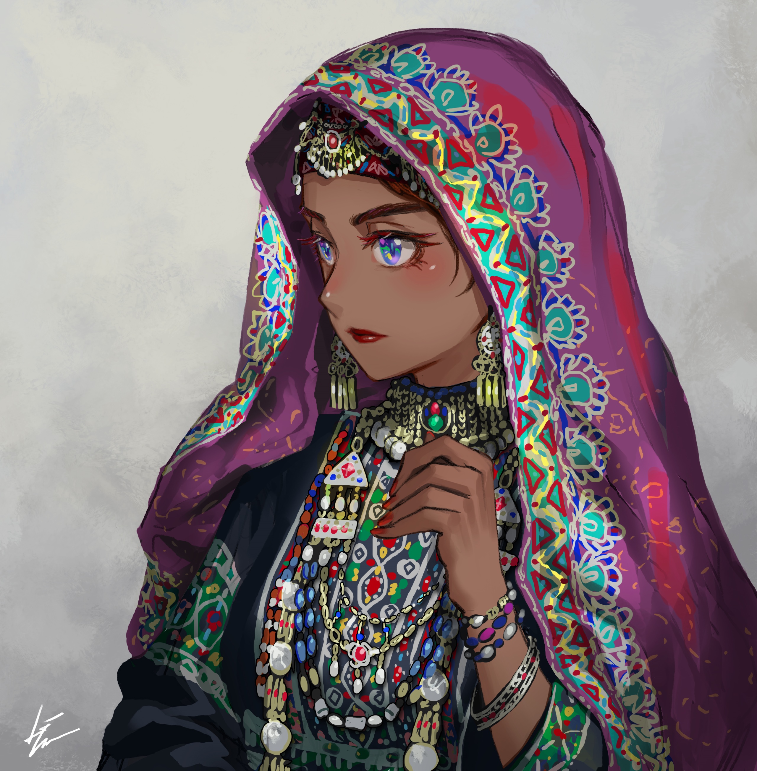 Woman in traditional Indian clothing with blue eyes HD Wallpaper