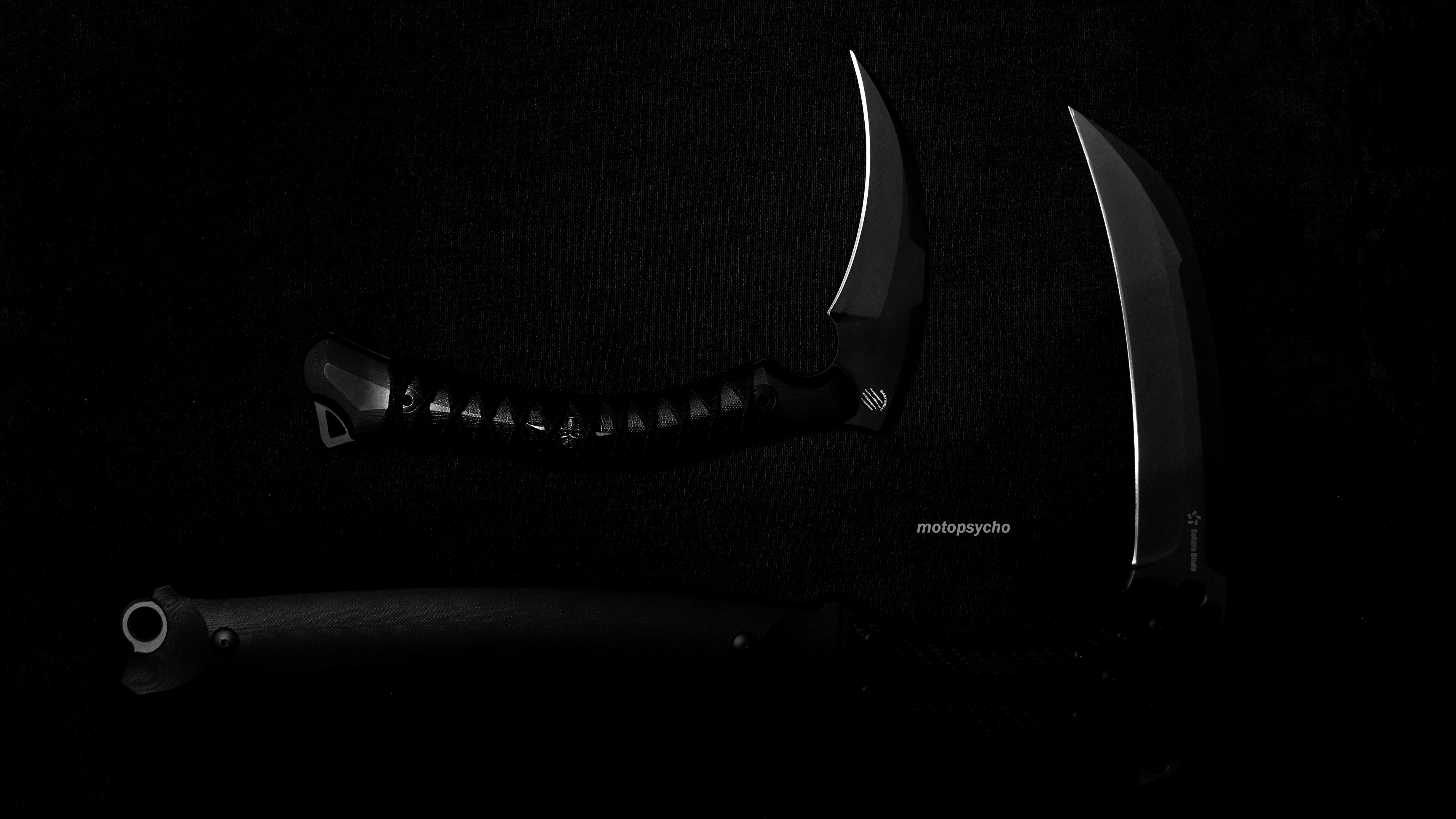 Monochrome image of two karambits and a pistol HD Wallpaper