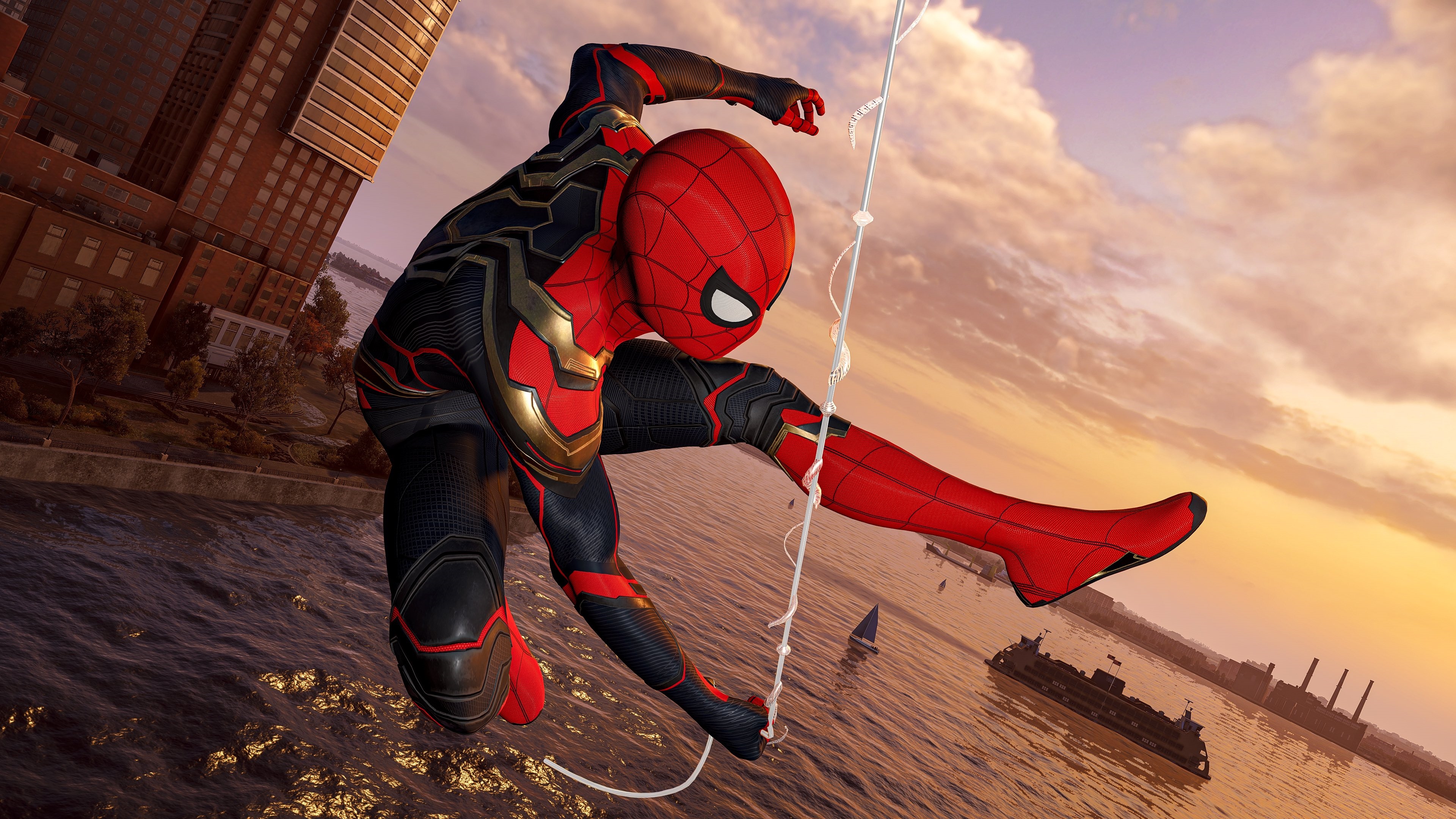 4K Spider-Man swinging over water HD Wallpaper
