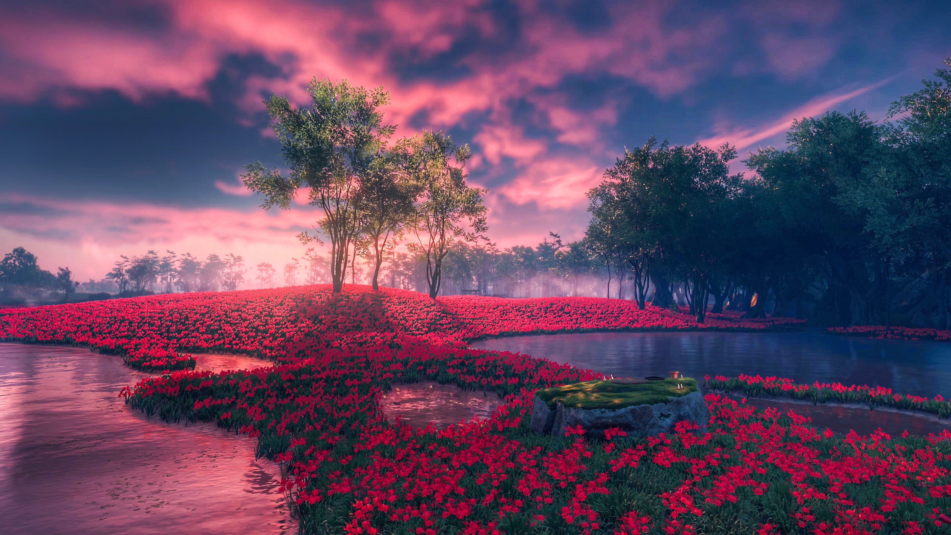 4K Ghost of Tsushima red flowers and trees HD Wallpaper
