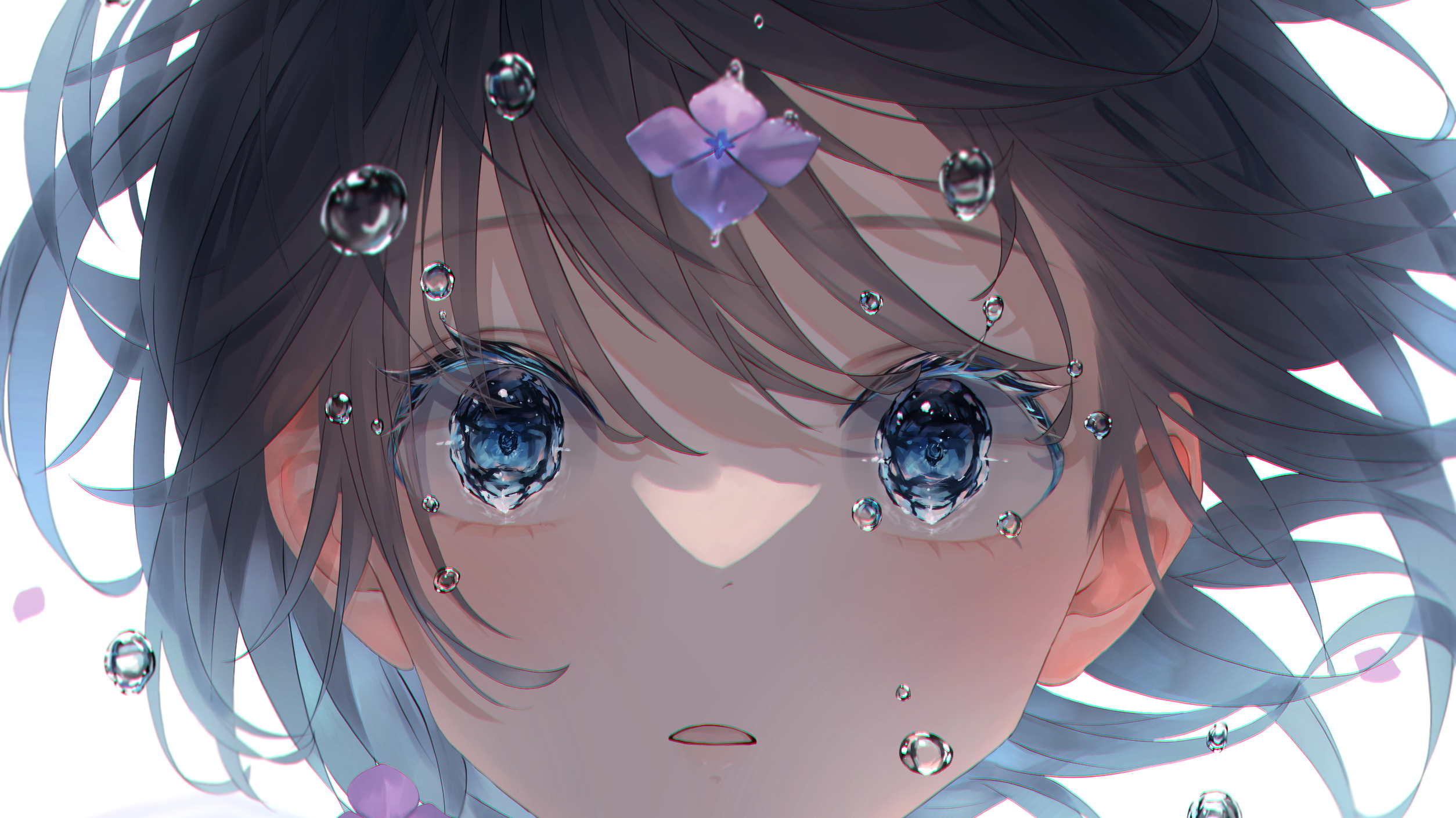 Anime girl with blue eyes and flowers in water drops HD Wallpaper