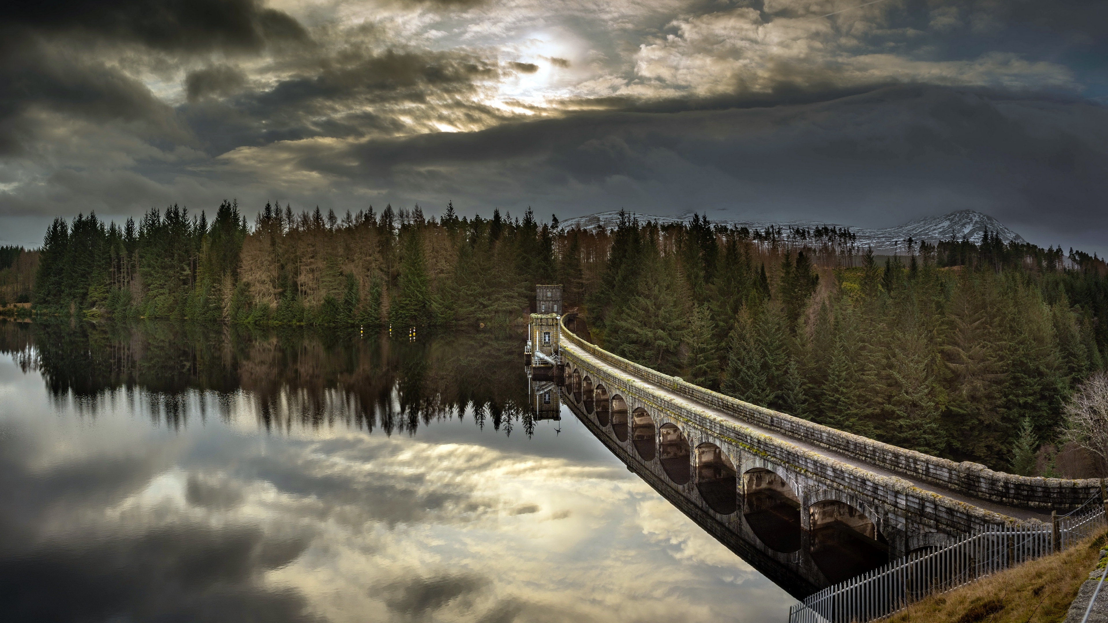 4K Dam with Reflection and Forest Landscape HD Wallpaper